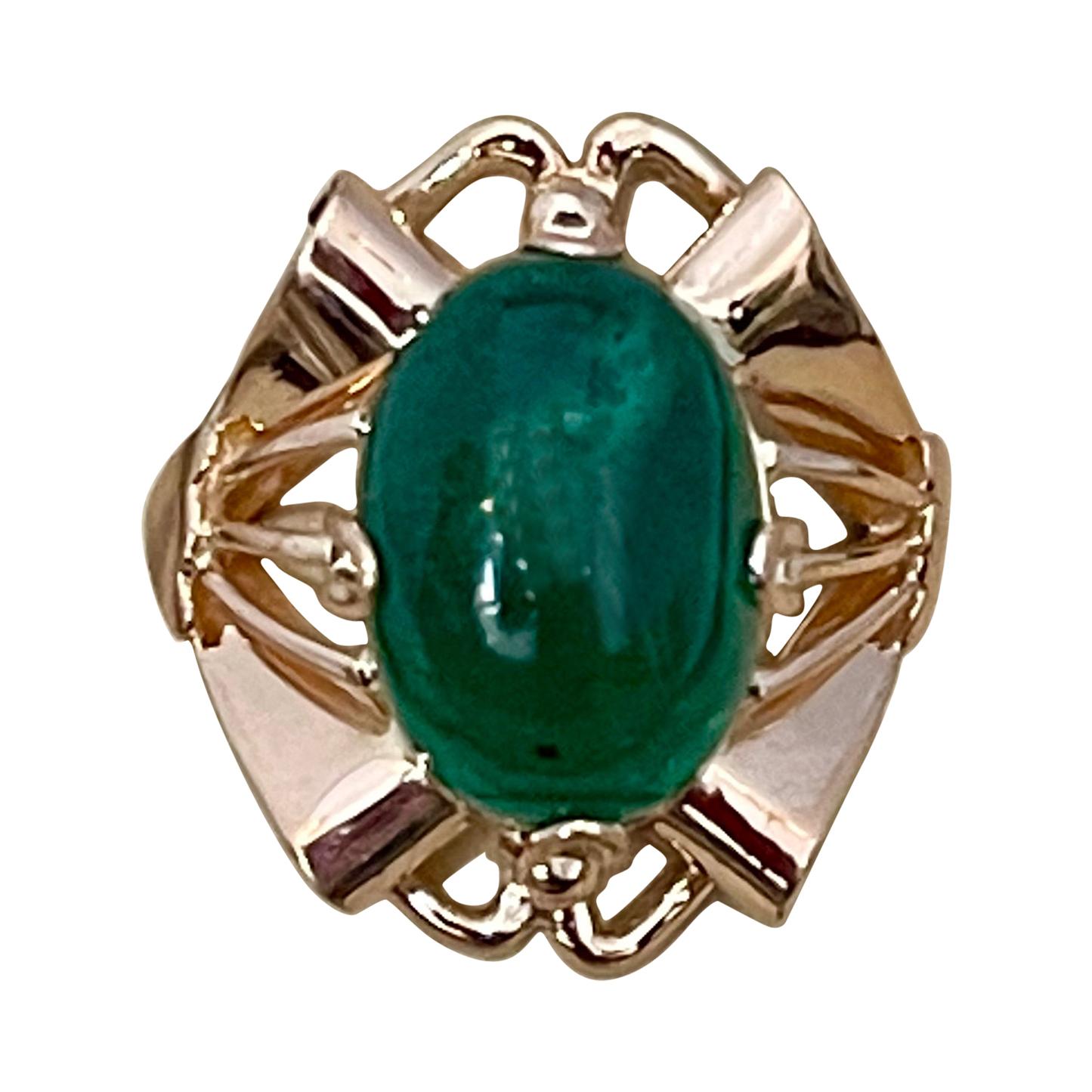 7 Carat Elongated Oval Emerald Cabochon 14 Karat Rose Gold Cocktail Ring Vintage