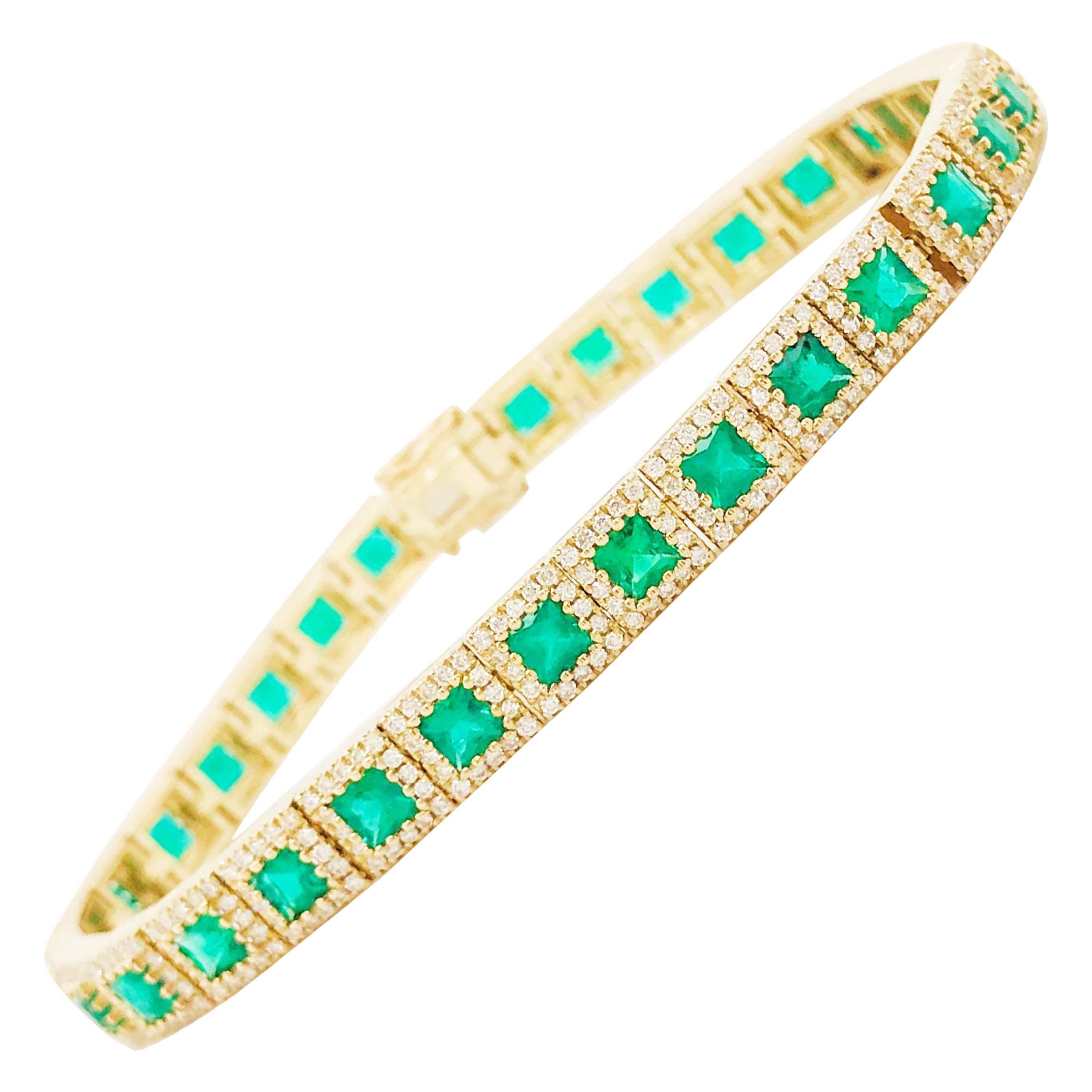 7 Carat Emerald and Diamond Halo Tennis Bracelet 14 Karat Gold Square Emeralds