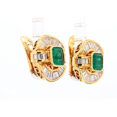 7 Carat Emerald & Baguette Diamond 18K Gold Ballerina Statement Earrings