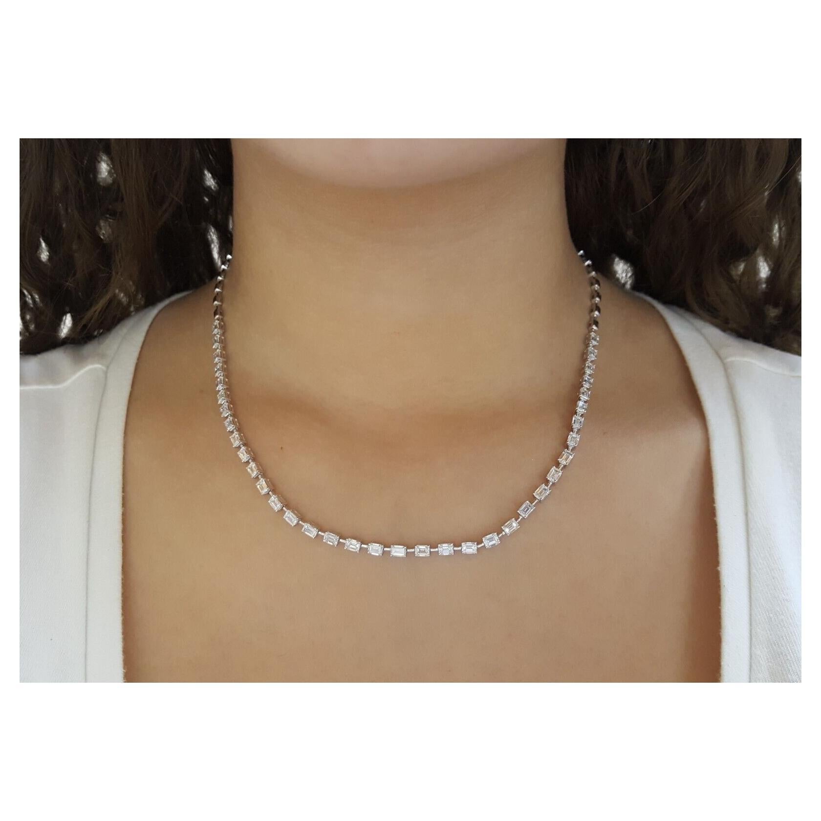  7.0 ct Emerald Brilliant Cut Diamond Line Necklace 14k White Gold 17