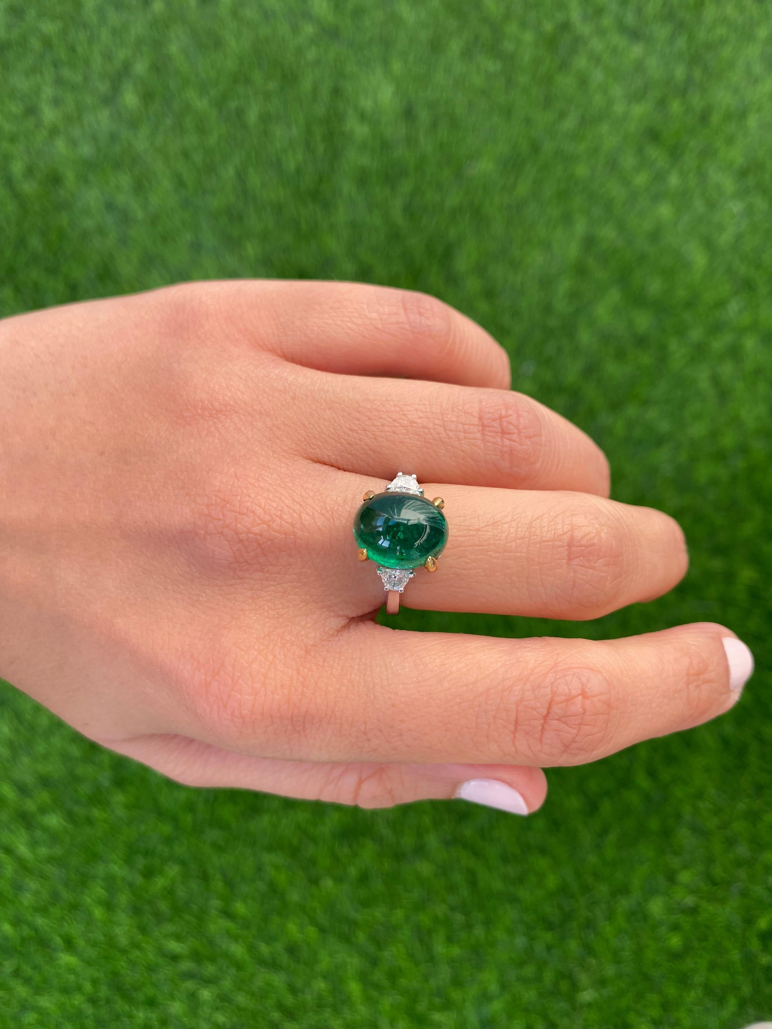 Modern 7 Carat Emerald Cabochon and Diamond Three Stone Engagement Ring For Sale