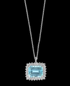 7 Carat Emerald Cut Aquamarine and 4 Carat Diamond Pendant Necklace in Platinum