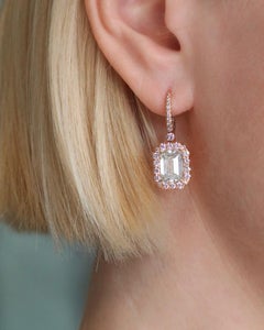 7 Carat Emerald Cut Diamond & Pink Halo Drop Earrings, Set In Platinum GIA cert.