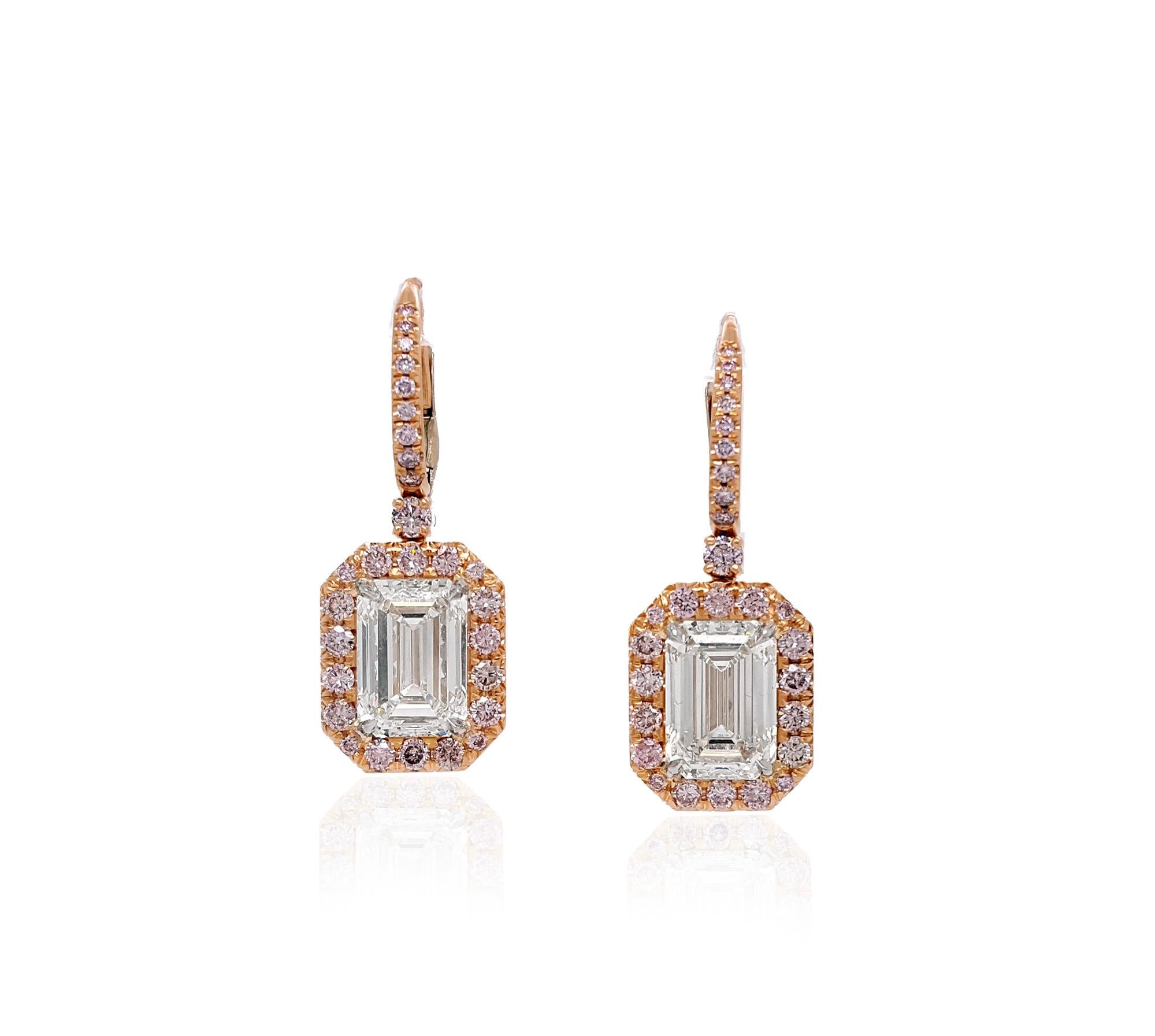 Pendientes de gota de diamante talla esmeralda y halo rosa de 7 quilates, engastados en platino GIA cert. Art Decó en venta