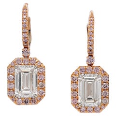 7 Carat Emerald Cut Diamond & Pink Halo Drop Earrings, Set In Platinum GIA cert.