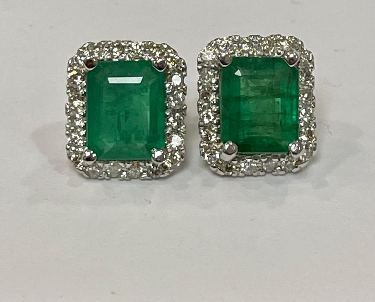 7 Carat Emerald Cut Emerald and 1.5 Ct Diamond Stud Earrings 14 Kt