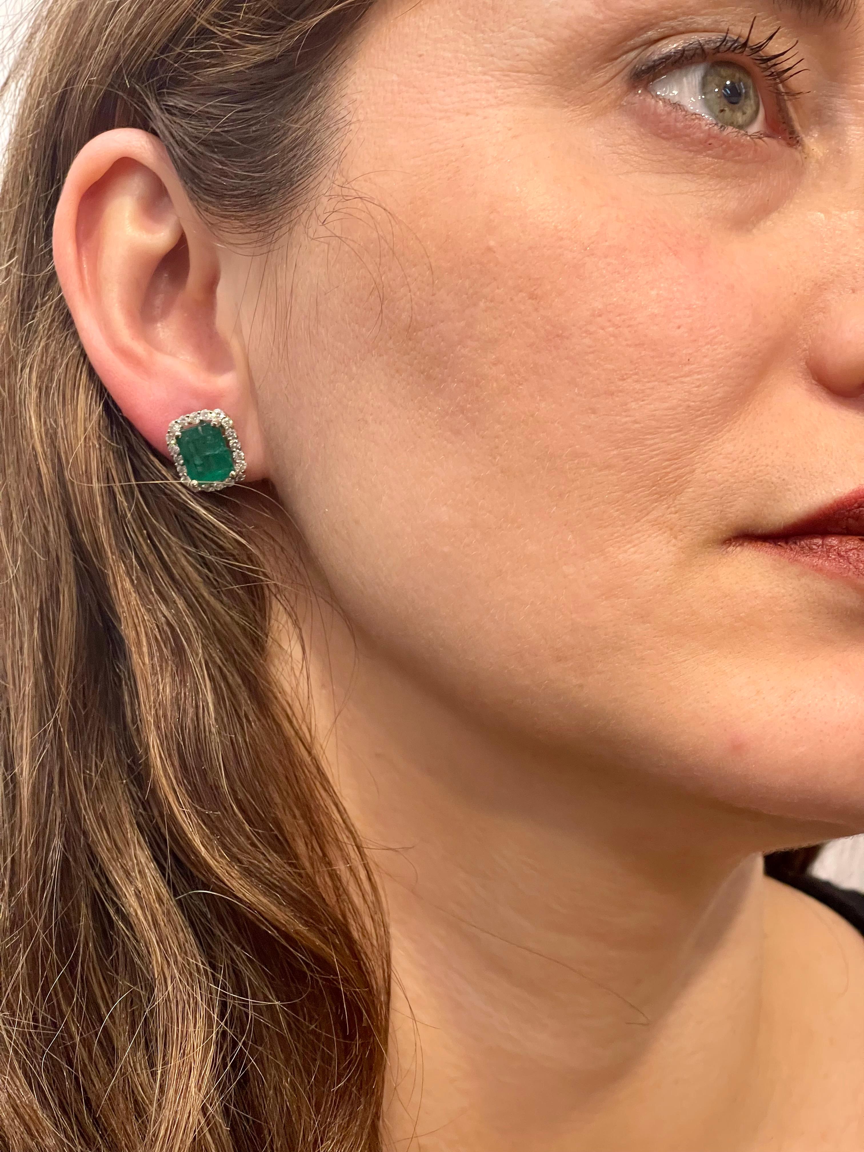 7 Carat Emerald Cut Emerald & 1.5 Ct Diamond Stud Earrings 14 Kt White Gold 7