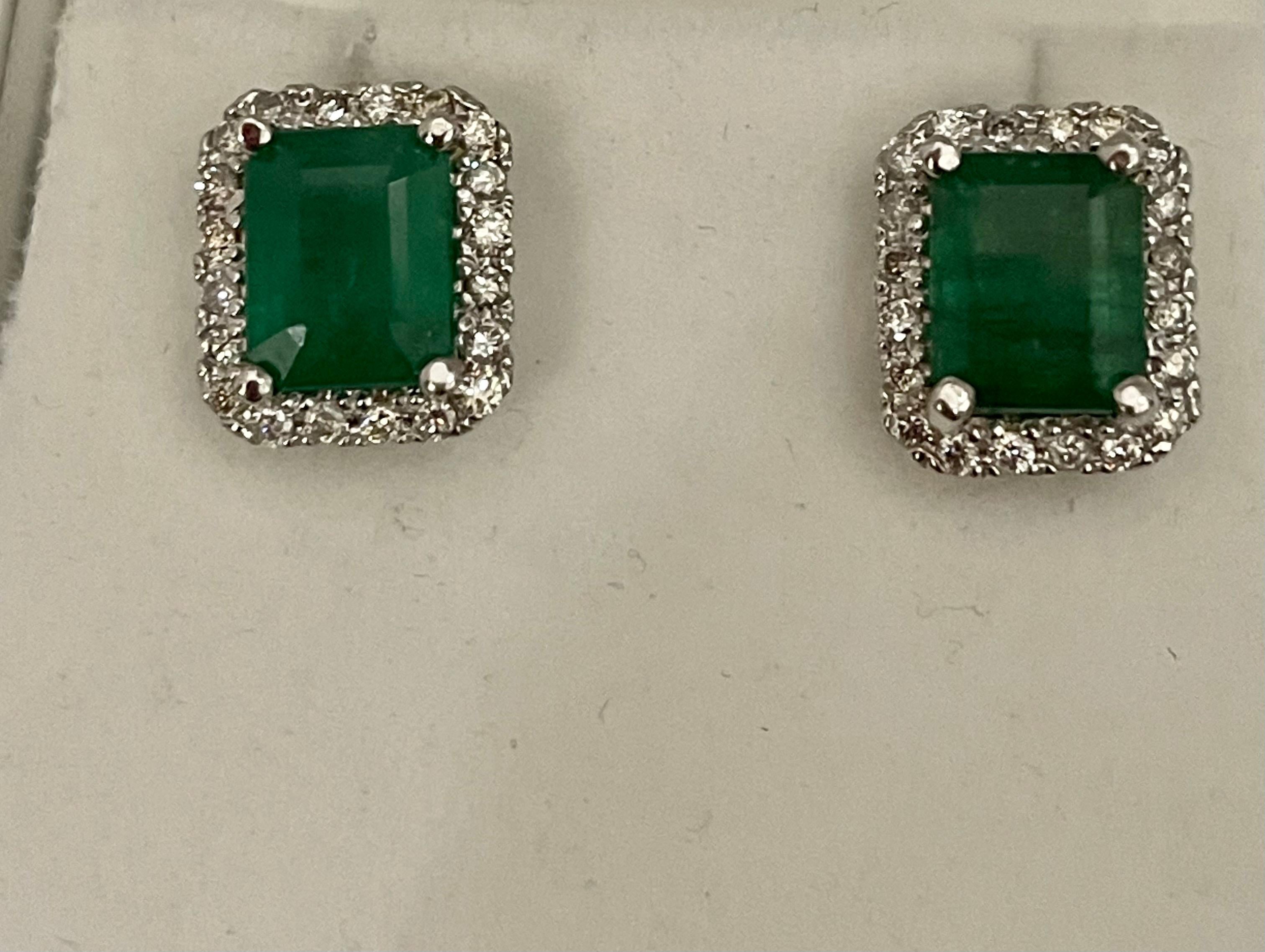 7 Carat Emerald Cut Emerald & 1.5 Ct Diamond Stud Earrings 14 Kt White Gold 8