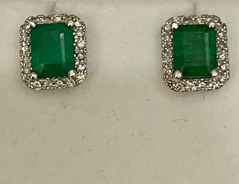 7 Carat Emerald Cut Emerald and 1.5 Ct Diamond Stud Earrings 14 Kt