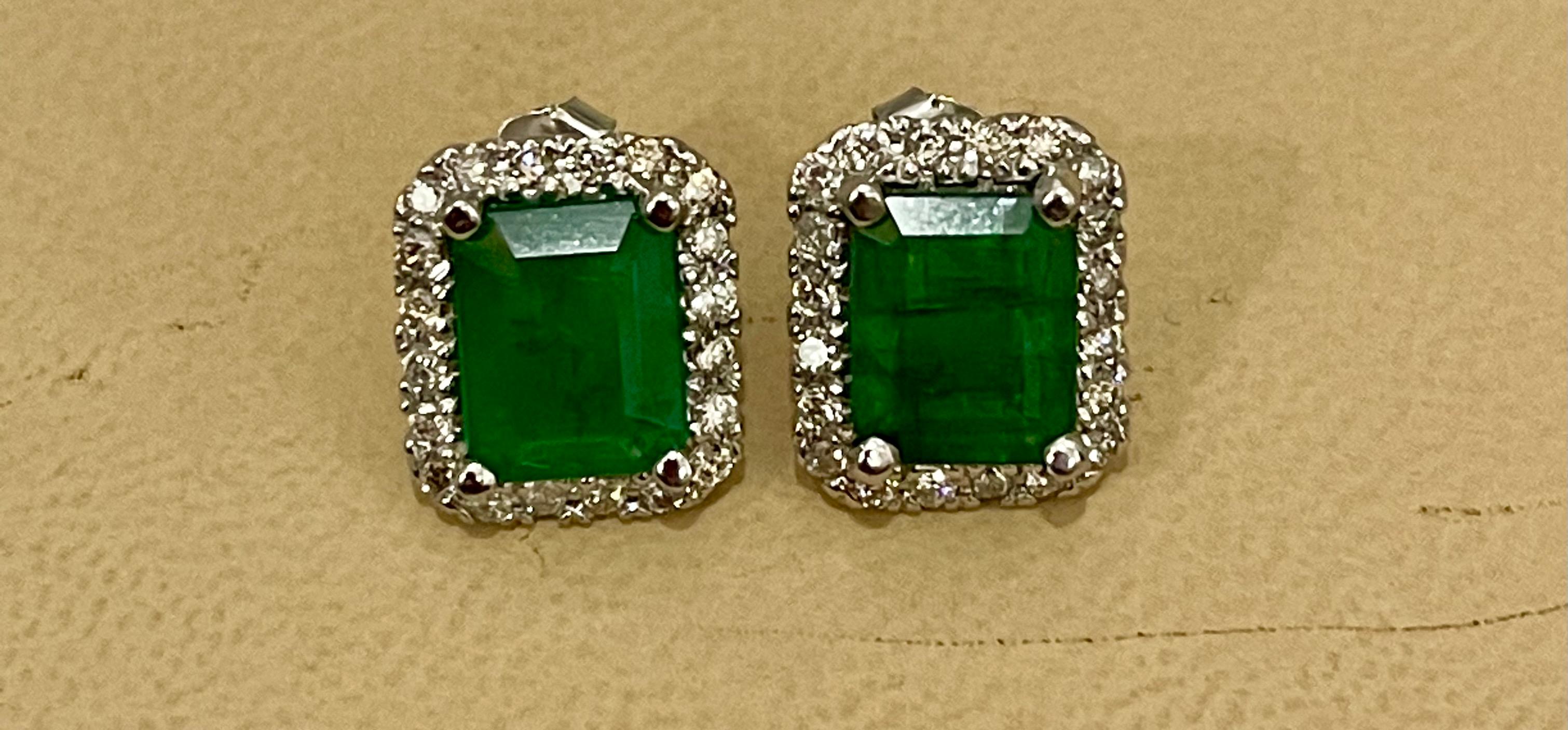 7 Carat Emerald Cut Emerald & 1.5 Ct Diamond Stud Earrings 14 Kt White Gold 10
