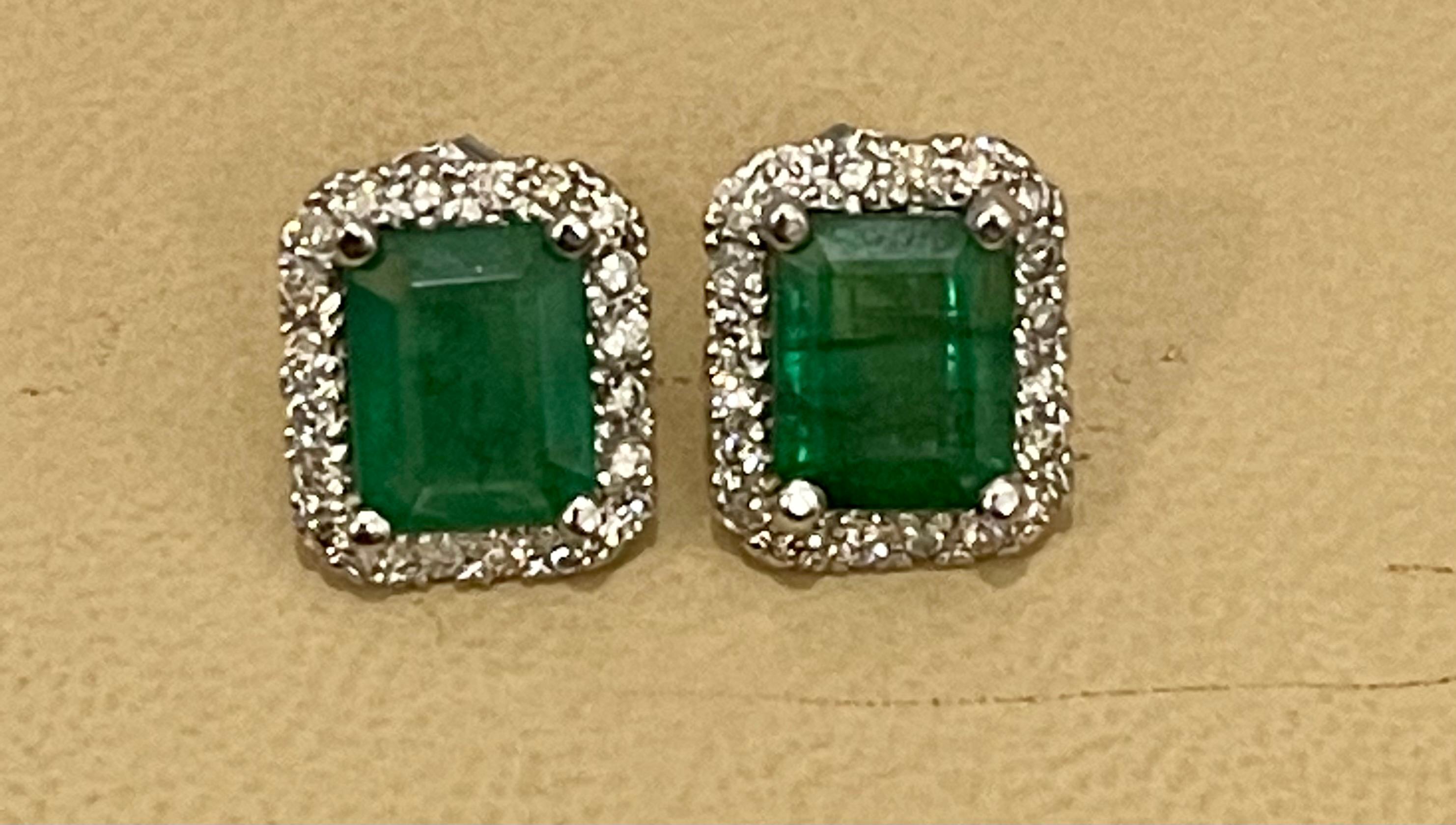 7 Carat Emerald Cut Emerald & 1.5 Ct Diamond Stud Earrings 14 Kt White Gold 11
