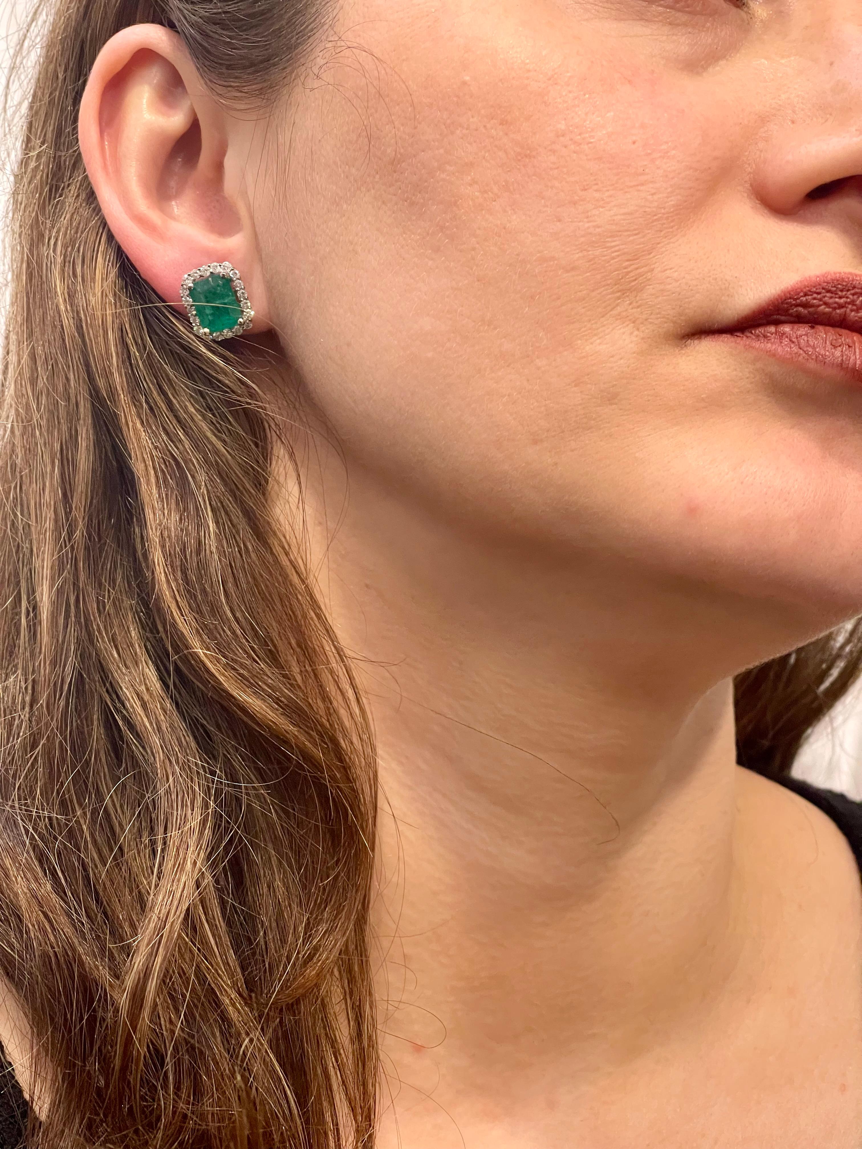7 Carat Emerald Cut Emerald & 1.5 Ct Diamond Stud Earrings 14 Kt White Gold 12
