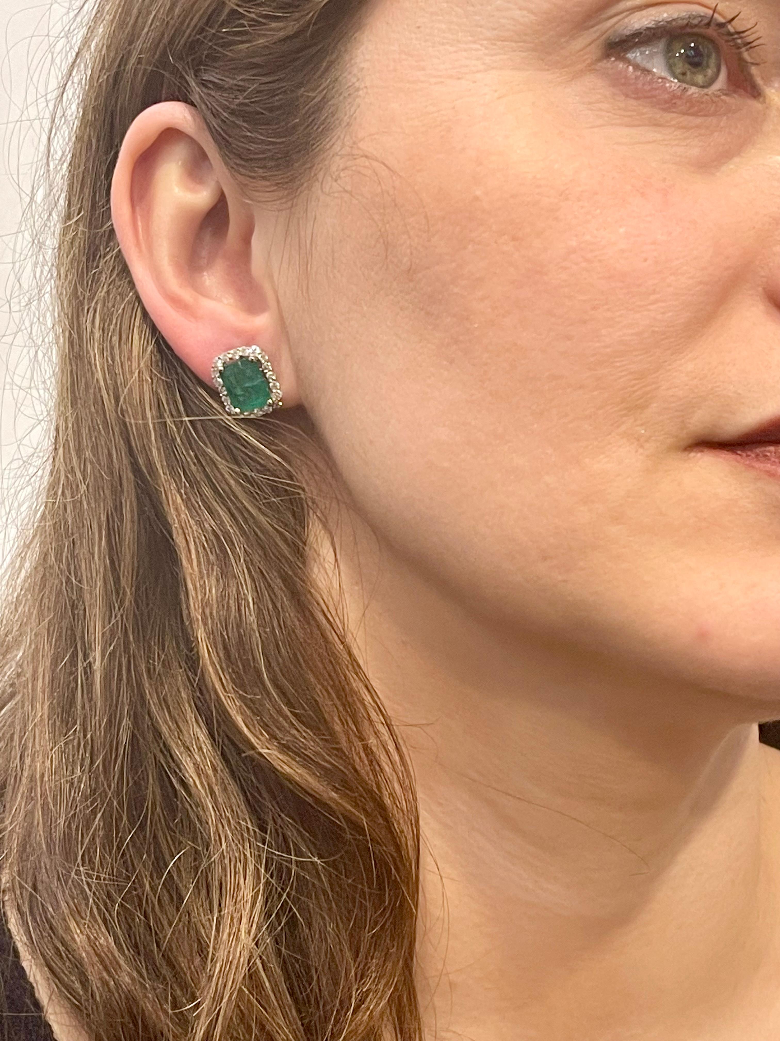 Women's 7 Carat Emerald Cut Emerald & 1.5 Ct Diamond Stud Earrings 14 Kt White Gold