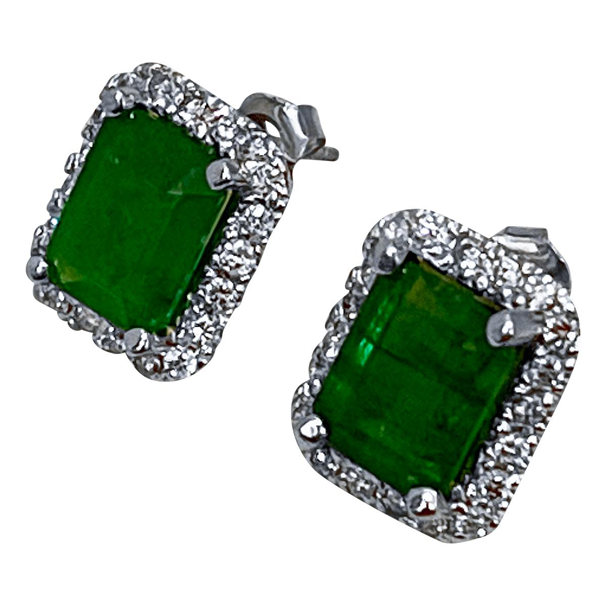 7 Carat Emerald Cut Emerald & 1.5 Ct Diamond Stud Earrings 14 Kt White Gold 1