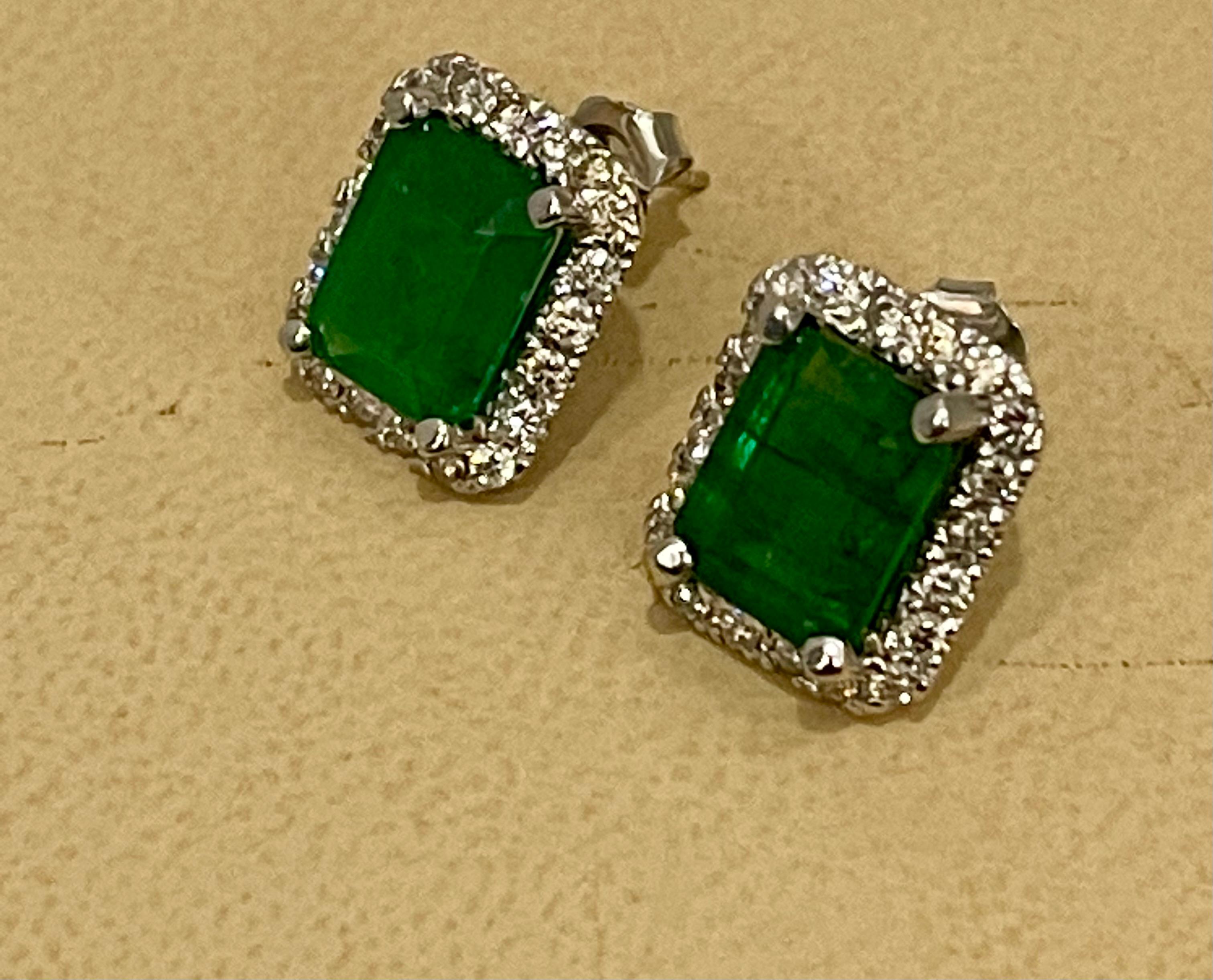 7 Carat Emerald Cut Emerald & 1.5 Ct Diamond Stud Earrings 14 Kt White Gold 4