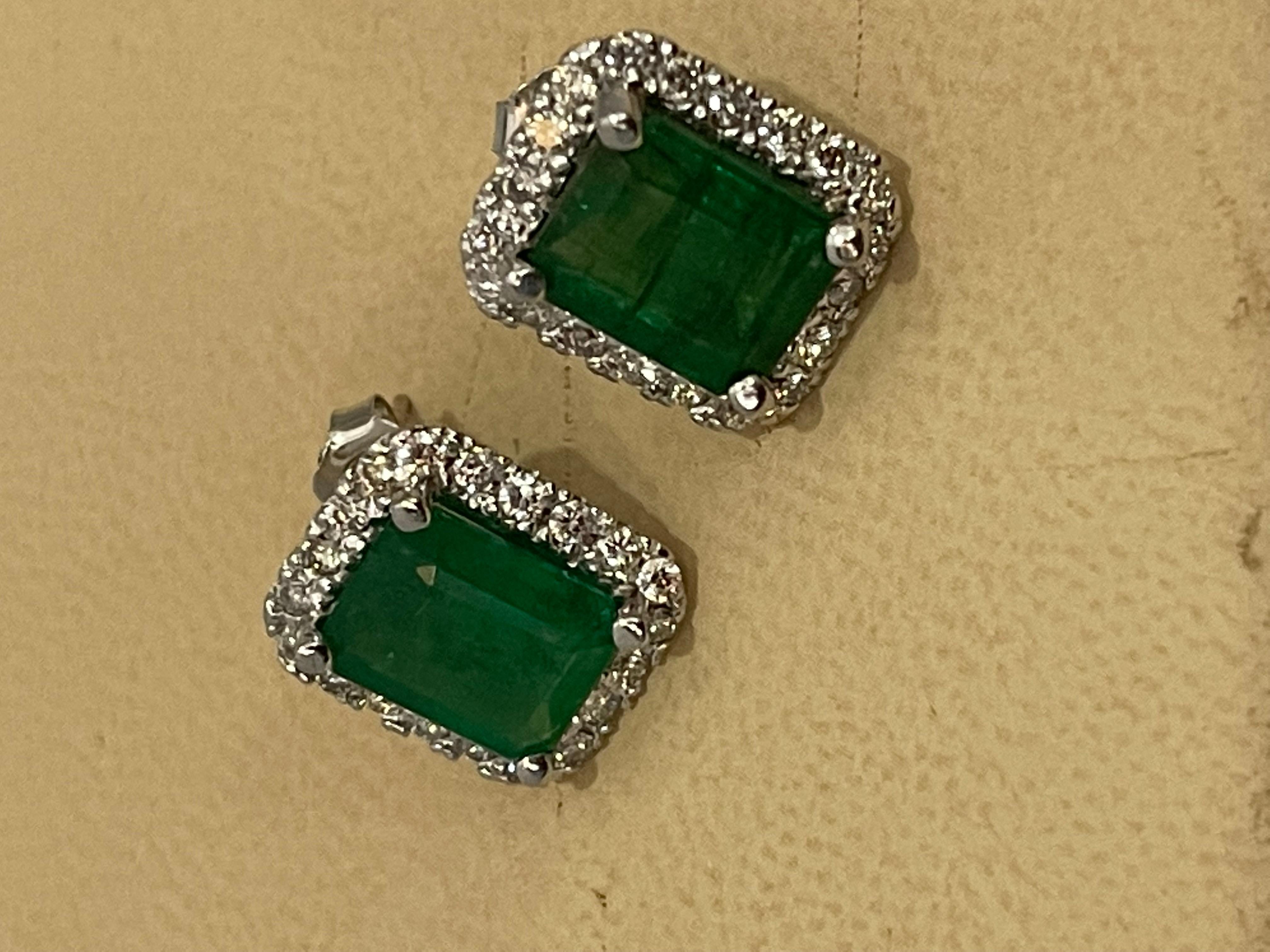 7 Carat Emerald Cut Emerald & 1.5 Ct Diamond Stud Earrings 14 Kt White Gold 5