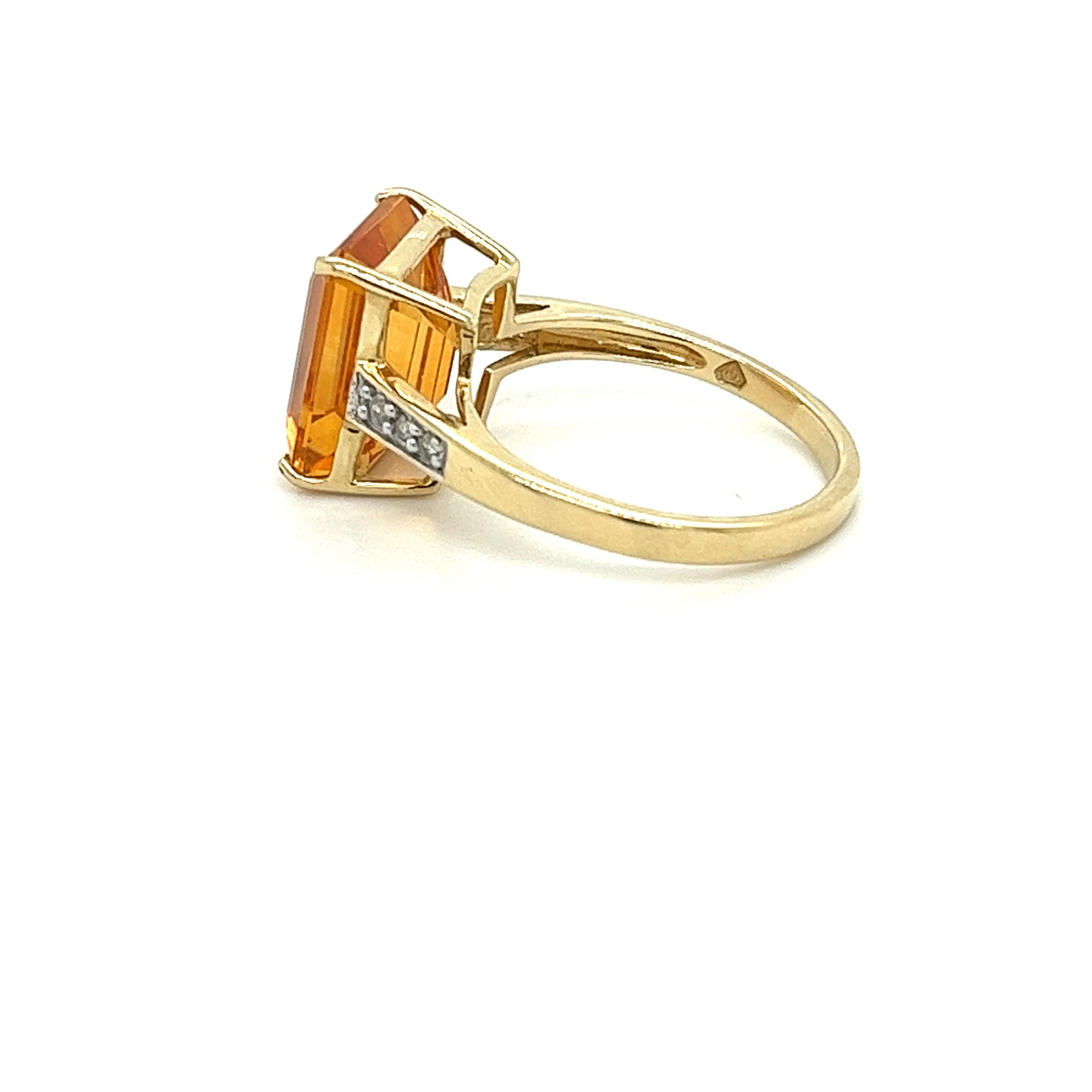 7-carat emerald cut natural Citrine in a 4-prong cathedral ring setting. Mounted with round brilliant cut natural diamonds side stones. The citrine center stone is vibrant, clean, and full of life. Well contrasted by the white gold that mounts the