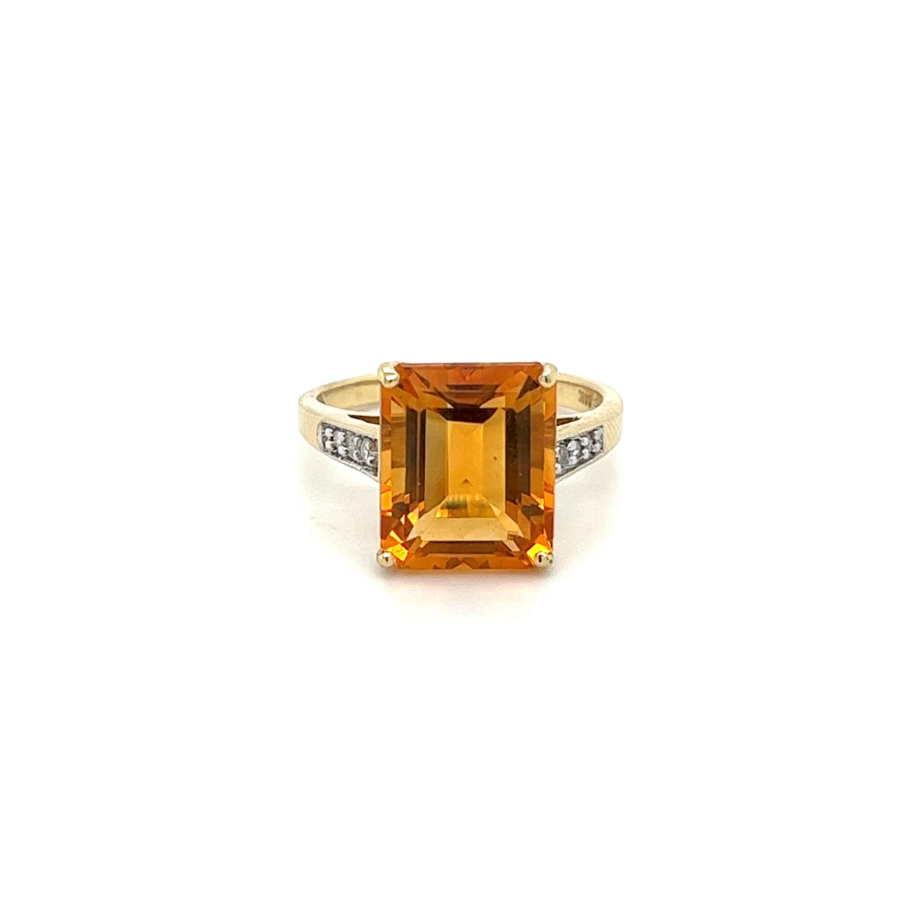 7 Carat Emerald Cut Orange Citrine with Round Cut Diamonds in 14k Gold For Sale