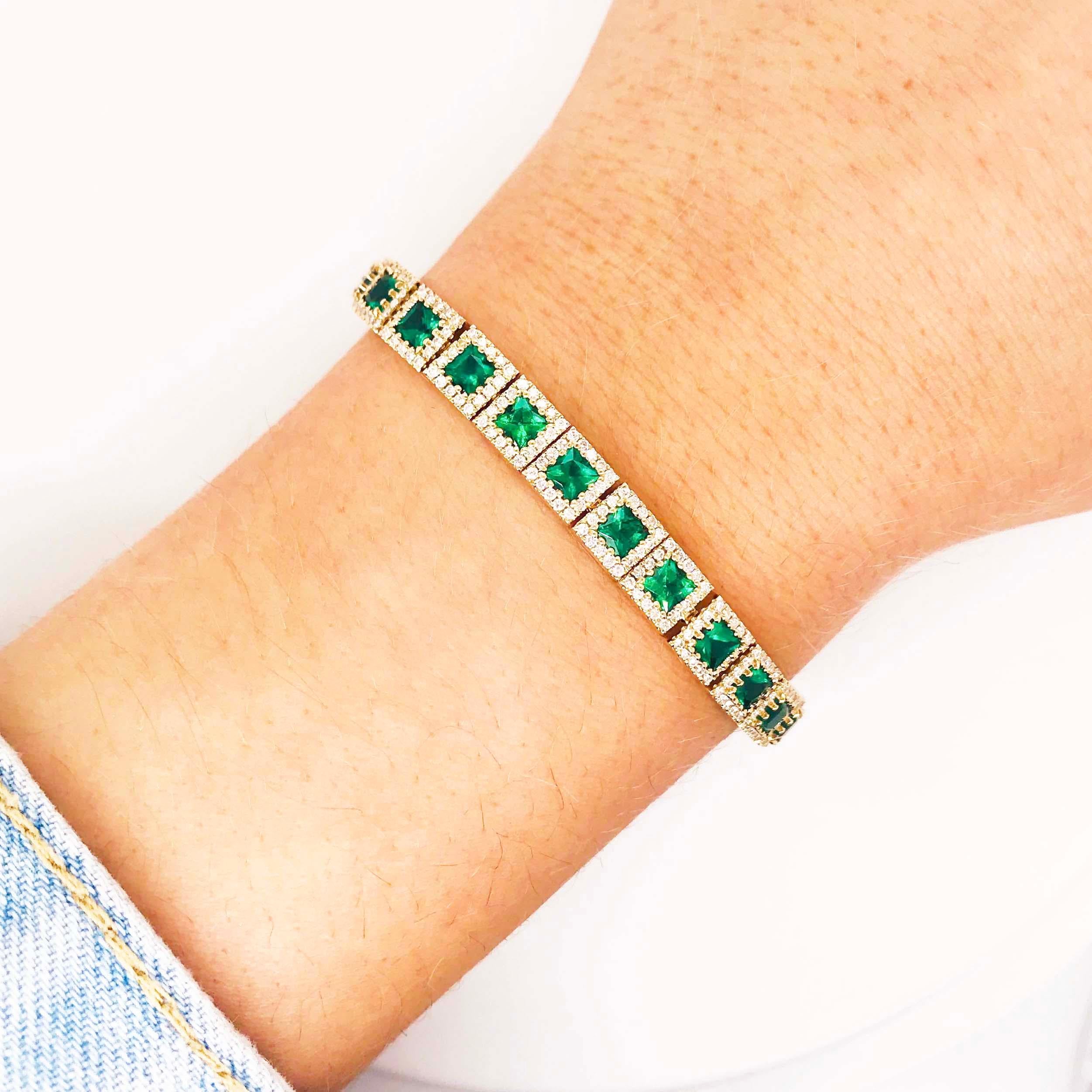 This bright, vivid emerald and diamond halo tennis bracelet is unique and stunning! Emeralds are the gemstone of May making this a perfect birthday or anniversary gift for the love of you life! 
Bracelet:
Bracelet Type: Tennis Bracelet
Metal