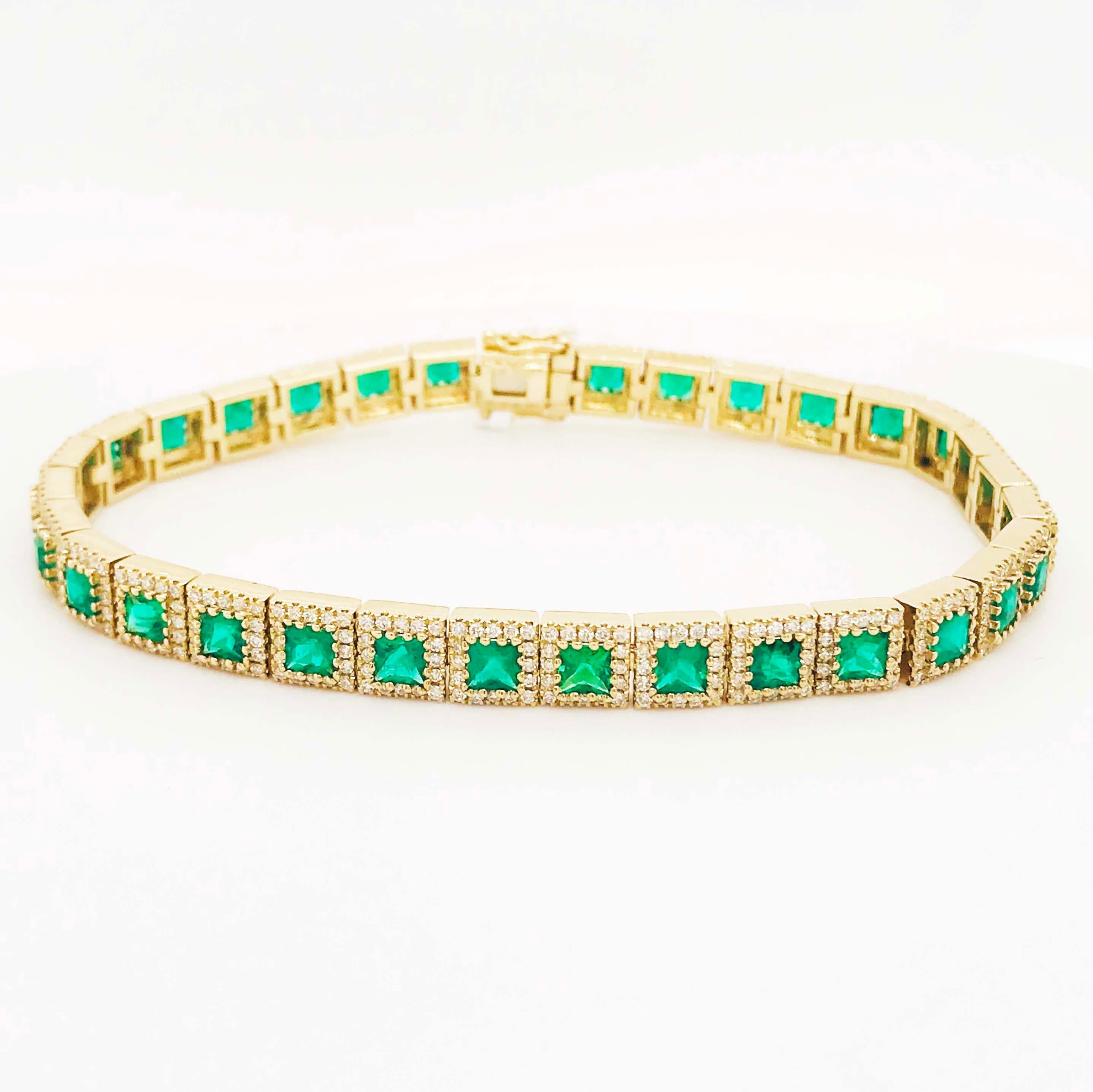 Contemporary 7 Carat Emerald and Diamond Halo Tennis Bracelet 14 Karat Gold Square Emeralds
