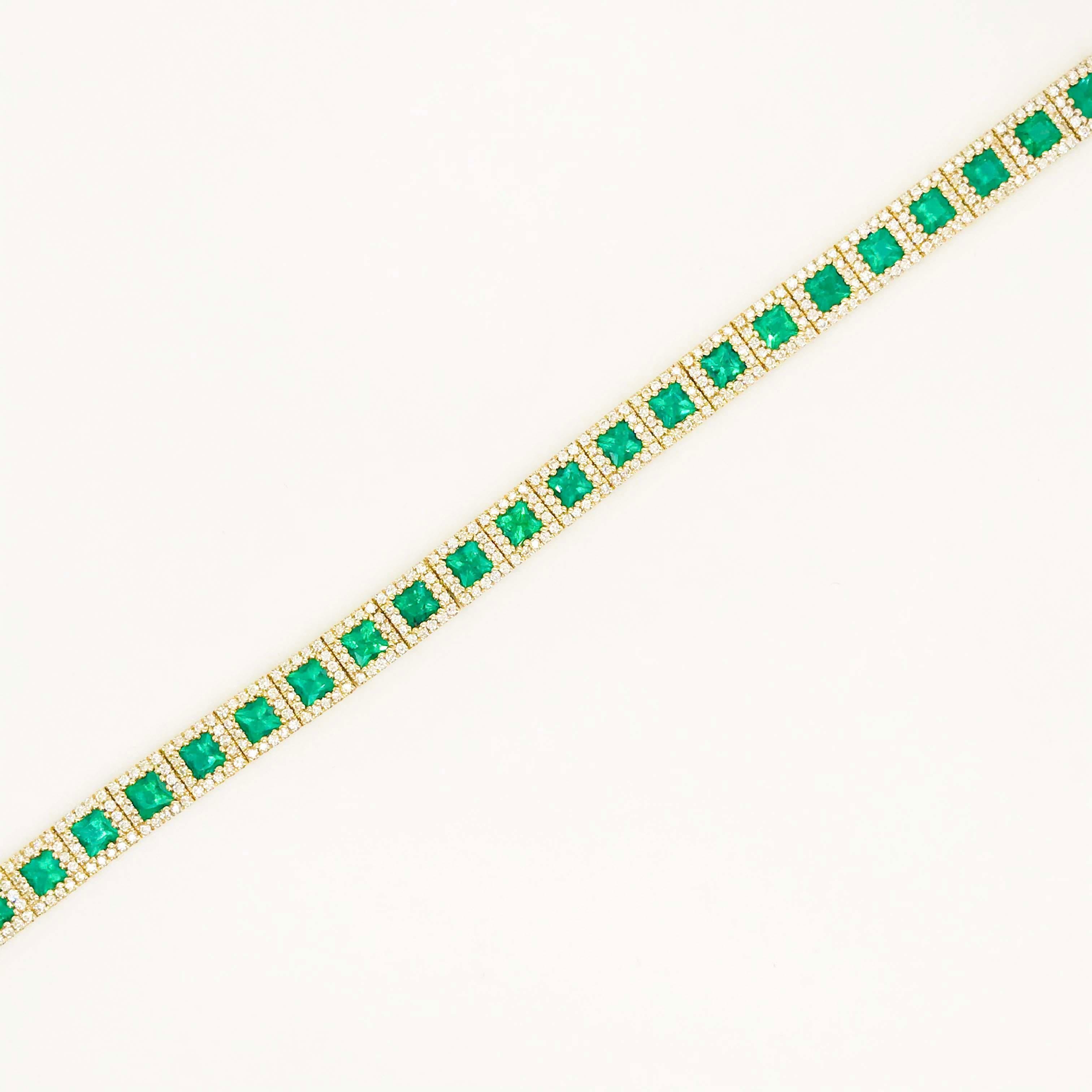 Princess Cut 7 Carat Emerald and Diamond Halo Tennis Bracelet 14 Karat Gold Square Emeralds