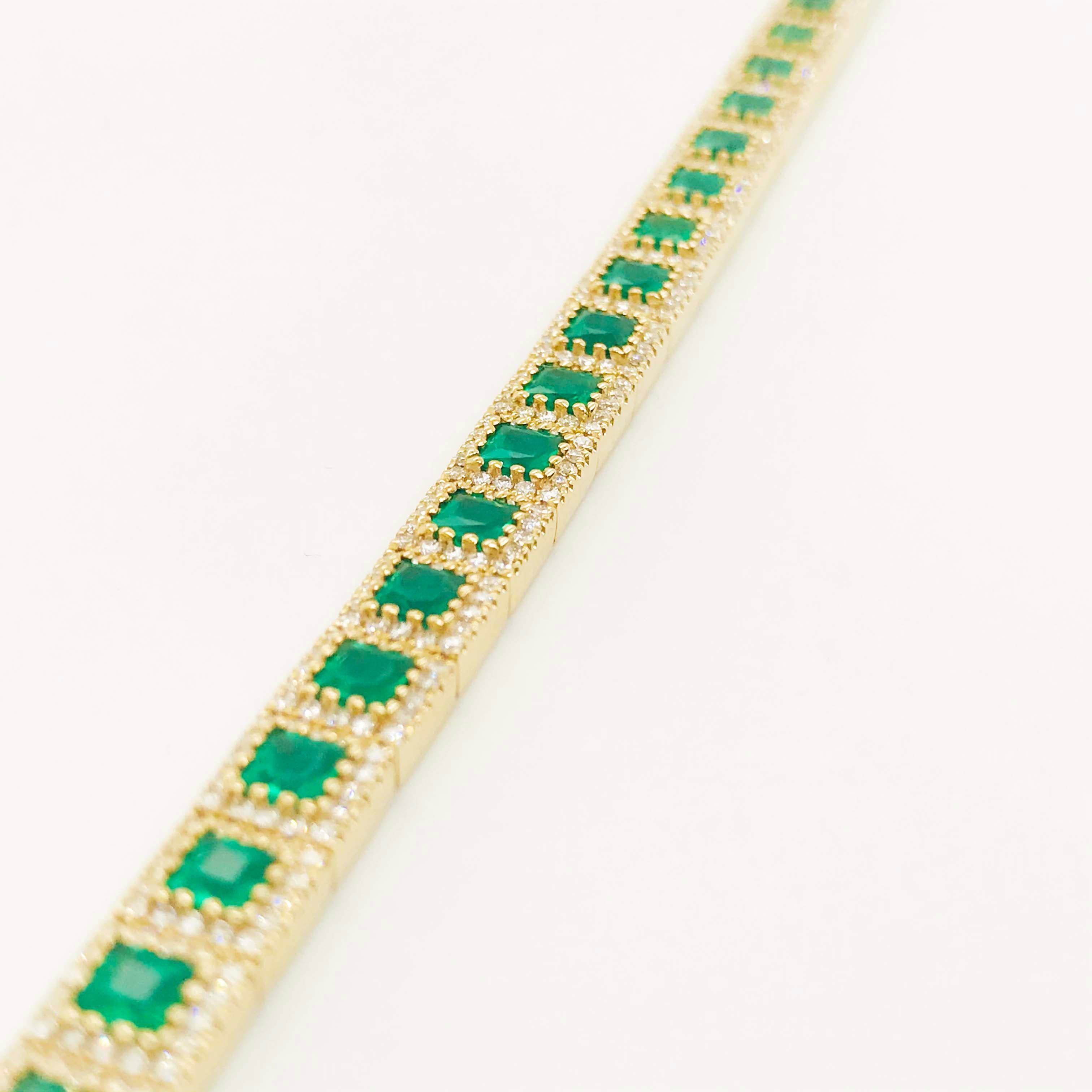 7 Carat Emerald and Diamond Halo Tennis Bracelet 14 Karat Gold Square Emeralds In New Condition In Austin, TX