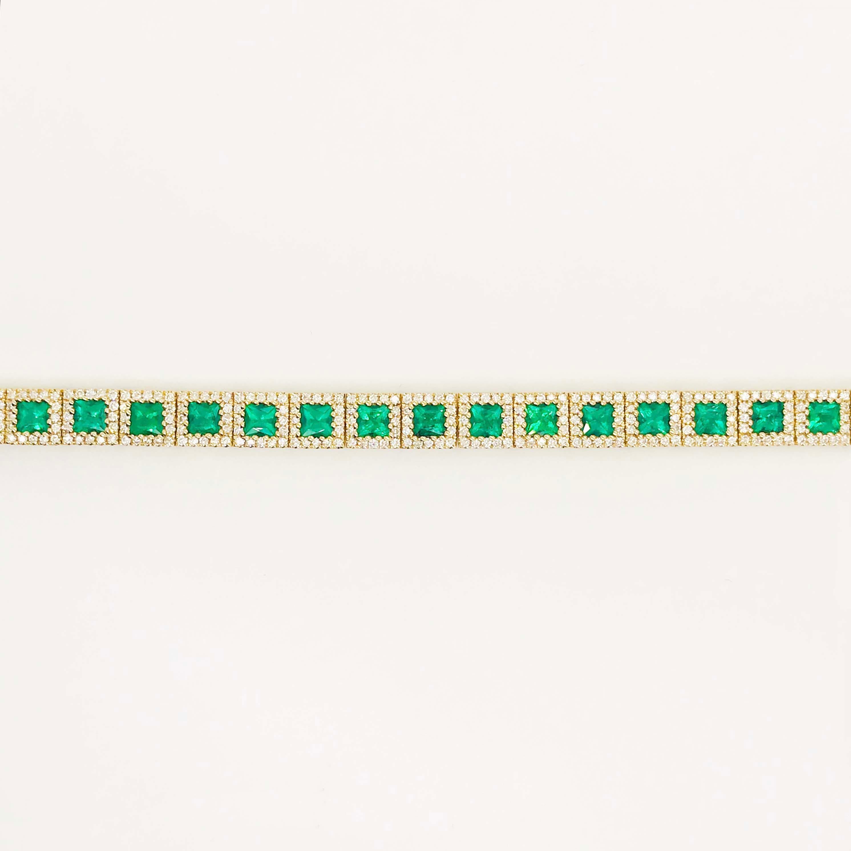 Women's 7 Carat Emerald and Diamond Halo Tennis Bracelet 14 Karat Gold Square Emeralds