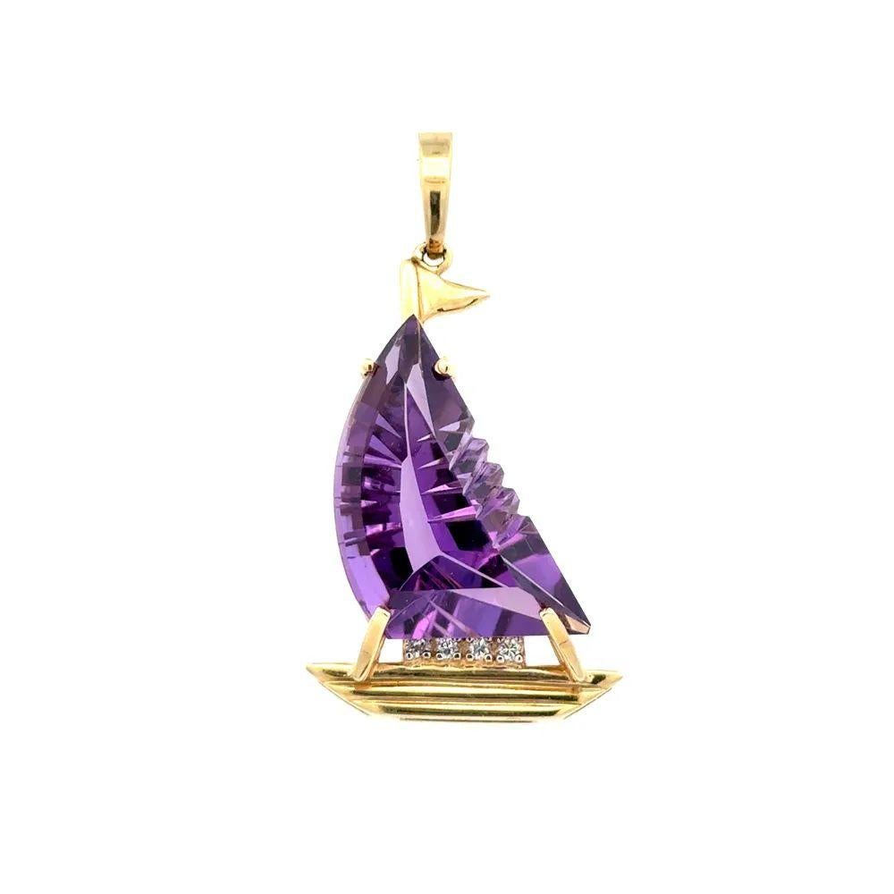 7 Karat Fancy Cut geschnitzt Amethyst Segelboot Diamant Gold Vintage By Anhänger (Gemischter Schliff) im Angebot