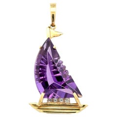 7 Carat Fancy Cut Carved Amethyst Sail Boat Diamond Gold Vintage Pendant