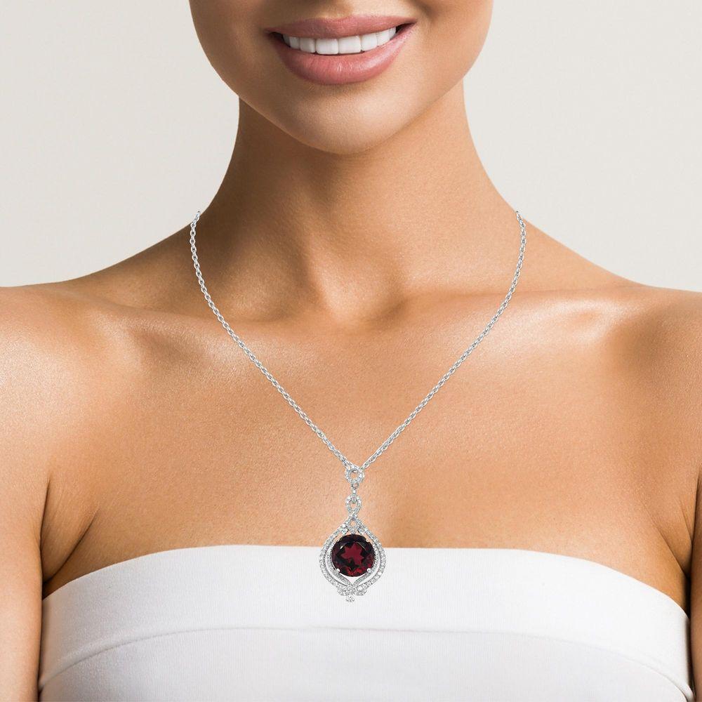 Round Cut 7 carat Garnet and Diamond Dangling Pendant in 18KW Gold For Sale