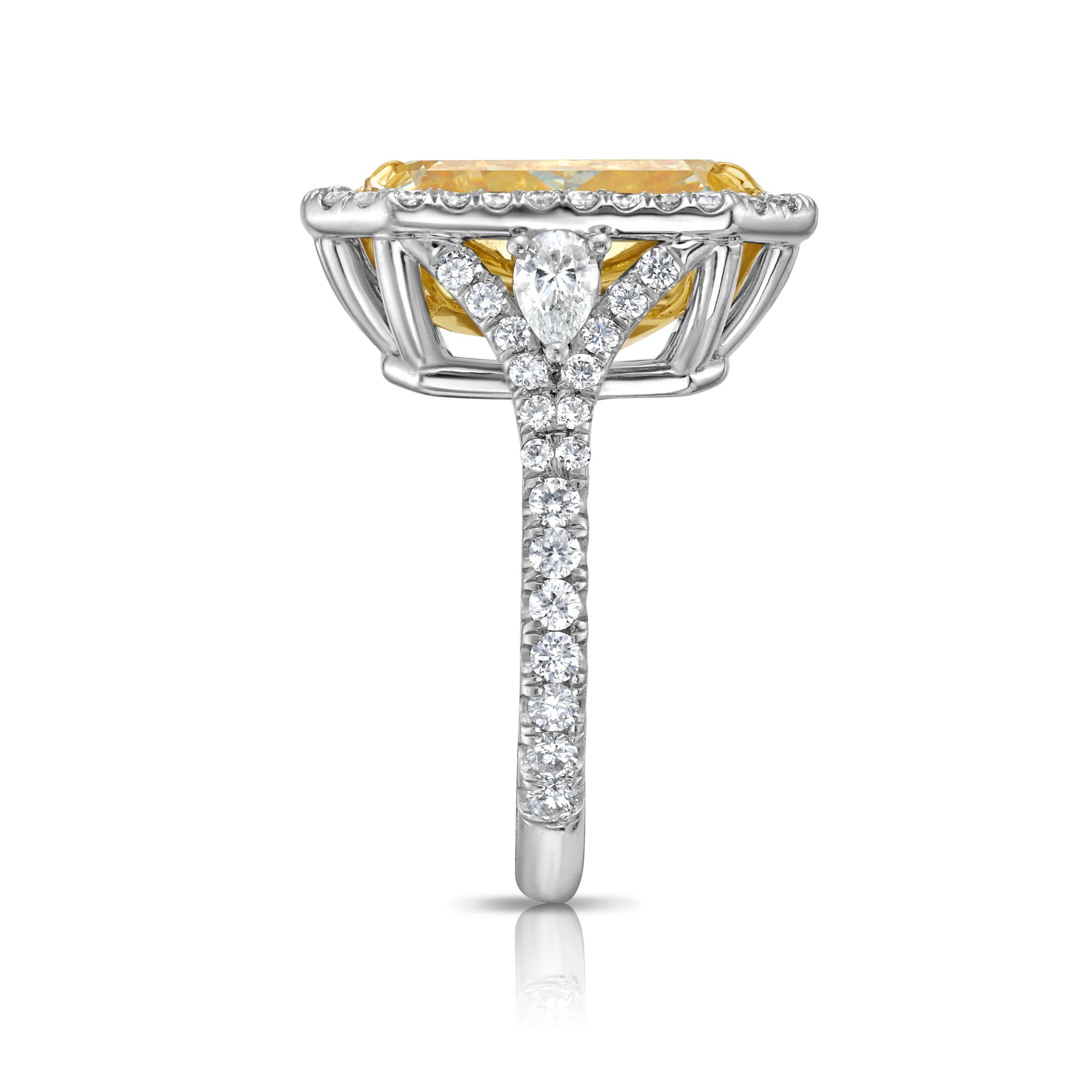 Celebrate timeless elegance with this 7.03-carat light yellow (W-X) elongated radiant-cut diamond, a stunning centerpiece that exudes sophistication. GIA-certified with SI1 clarity and very good cutting, this diamond sparkles with exceptional