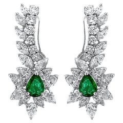 7 Carat Marquise and Round Cut Diamond Emerald Earrings in 18K White Gold