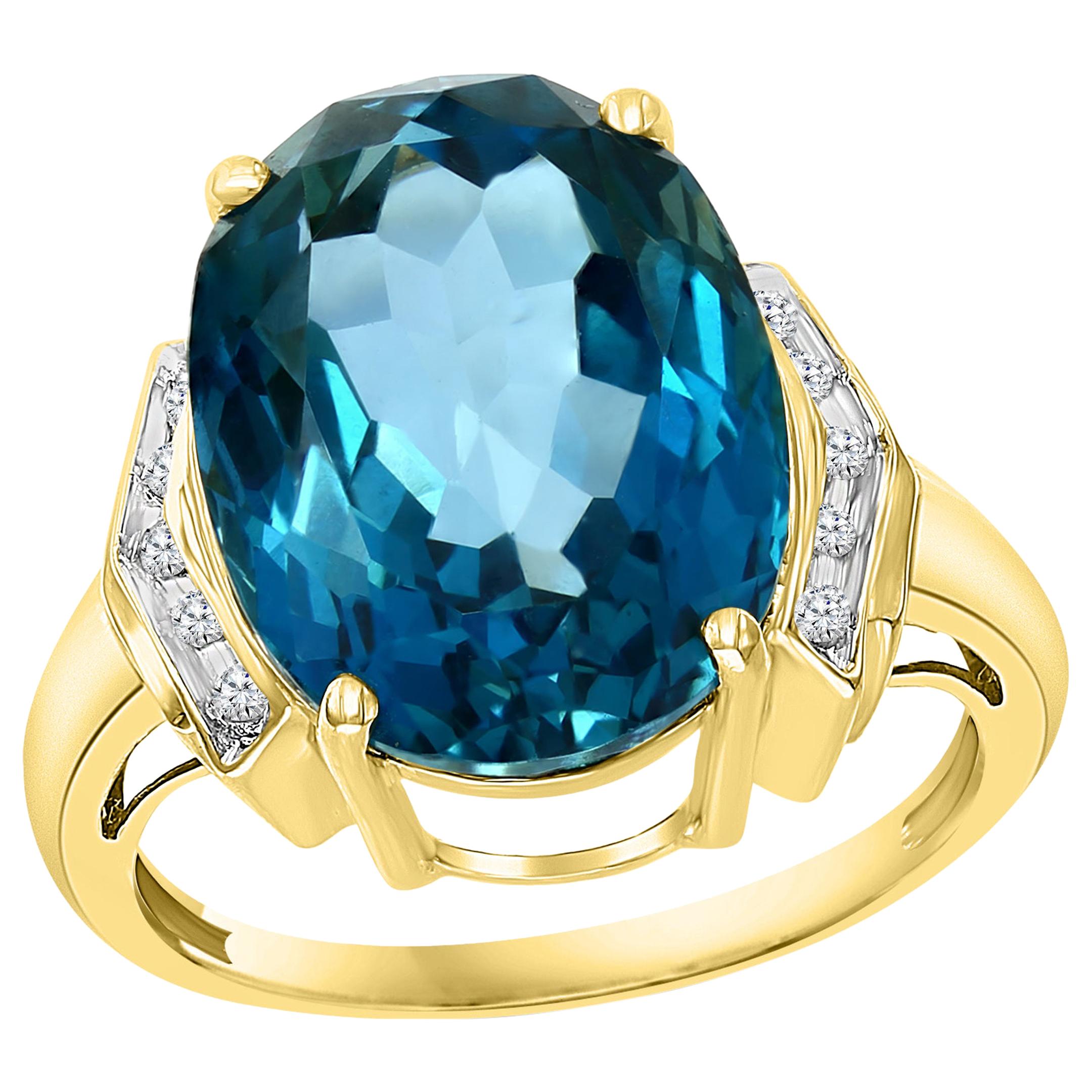 7 Carat Natural Blue Topaz and Diamond Cocktail Ring 14 Karat Yellow Gold Estate