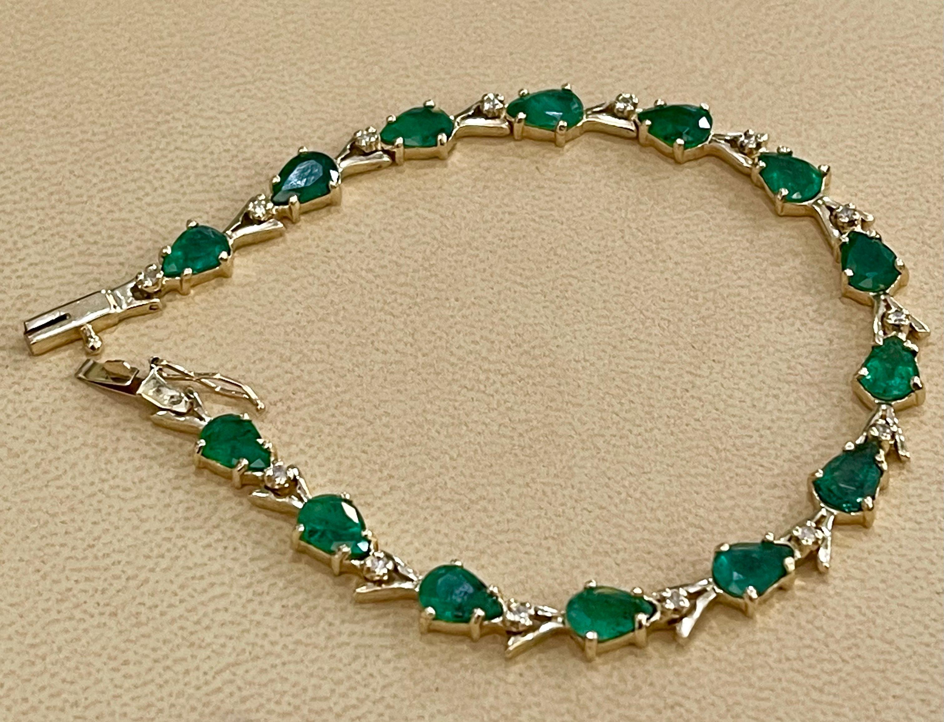  This exceptionally affordable Tennis  bracelet has  14 stones of Pear shape  Emeralds  . Each Emerald is spaced by a single diamond . Total weight of the Emeralds is  approximately 7 carat. Total number of diamonds are 14 and diamond weighs is