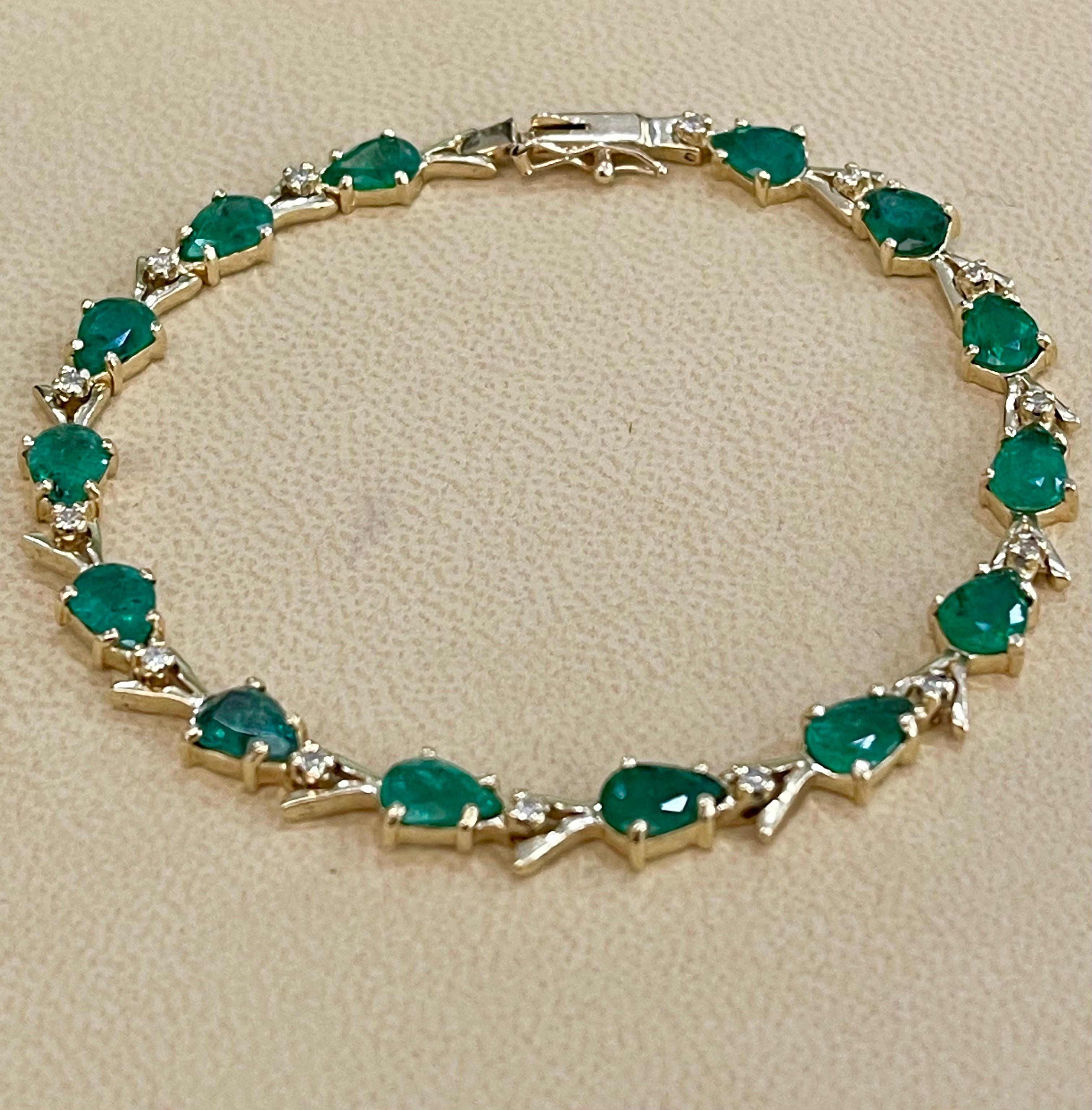 Women's 7 Carat Natural Brazil Emerald and Diamond Tennis Bracelet 14 Karat Yellow Gold For Sale