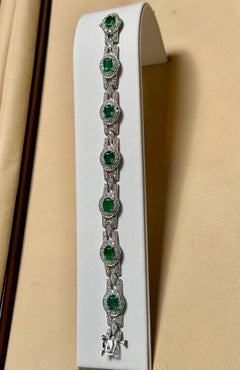 7 Carat Natural Brazilian Emerald & Diamond Link Tennis Bracelet 14 Karat Gold