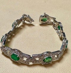 7 Carat Natural Brazilian Emerald & Diamond Link Tennis Bracelet 14 Karat Gold