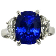 7 Carat Natural Sapphire Engagement Ring Diamond 1/2 Moon Accent 3-Stone Trinity