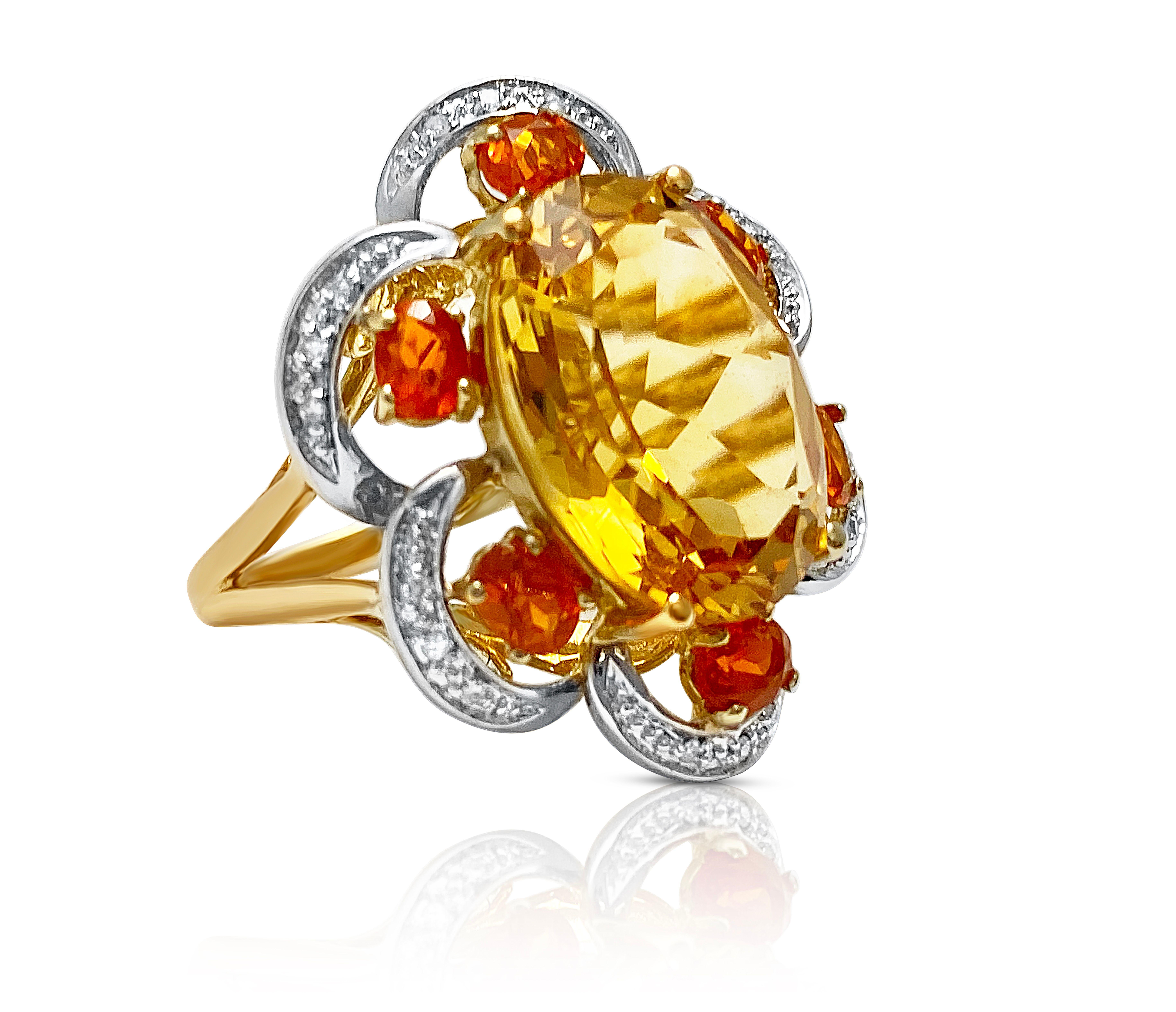 Centering an approximately ~7 carat Orangy-Yellow Oval-Cut Citrine, set in 14K Yellow/White Gold, and accented by six oval-cut orange Citrines and 30 round-brilliant cut diamonds

Details:
✔ Stone: Citrine 
✔ Stone Cut: Oval, Brilliant
✔ Stone