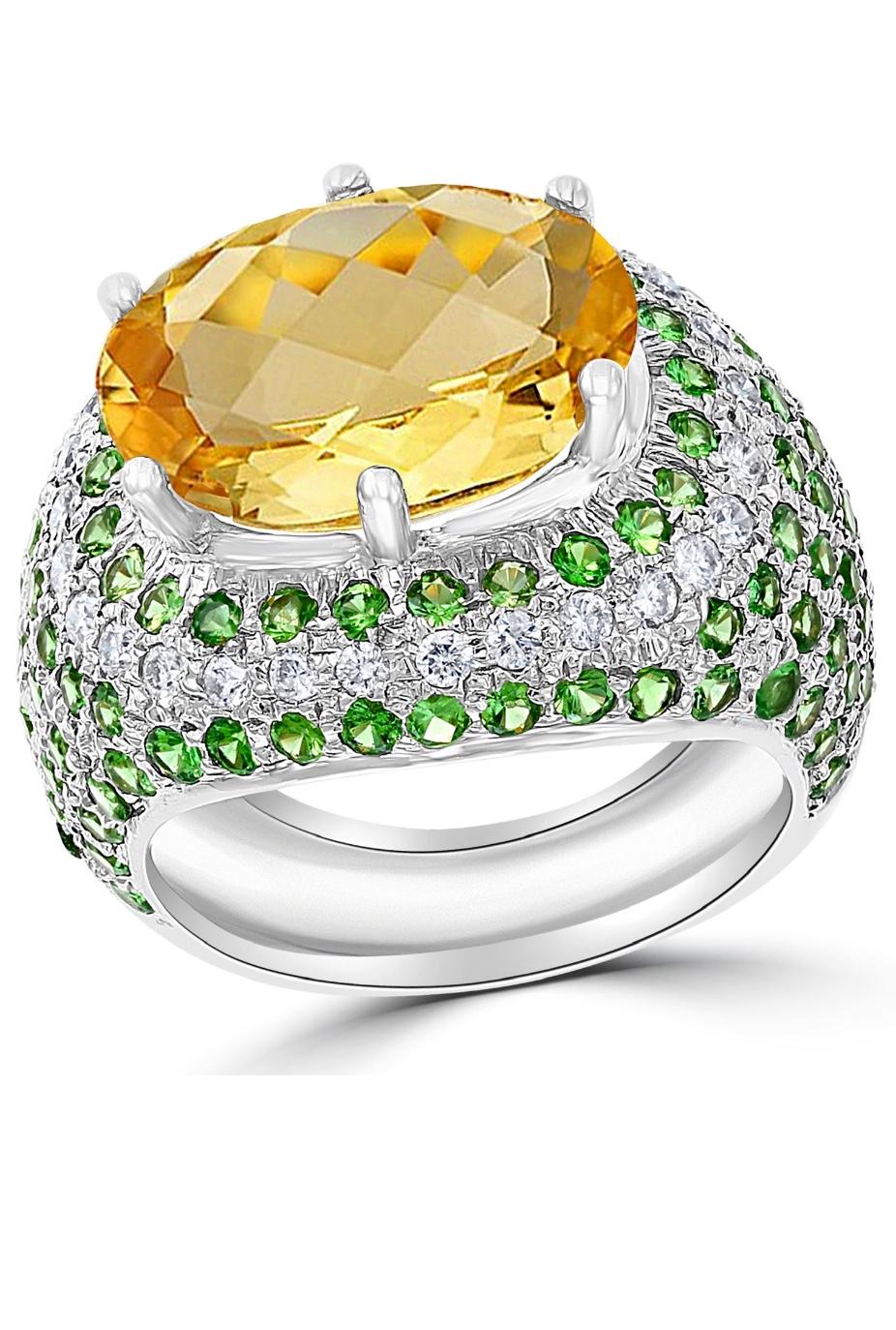 7 Carat Oval Citrine Tsavorite and Diamond Ring in 18 Karat White Gold, Estate For Sale 5