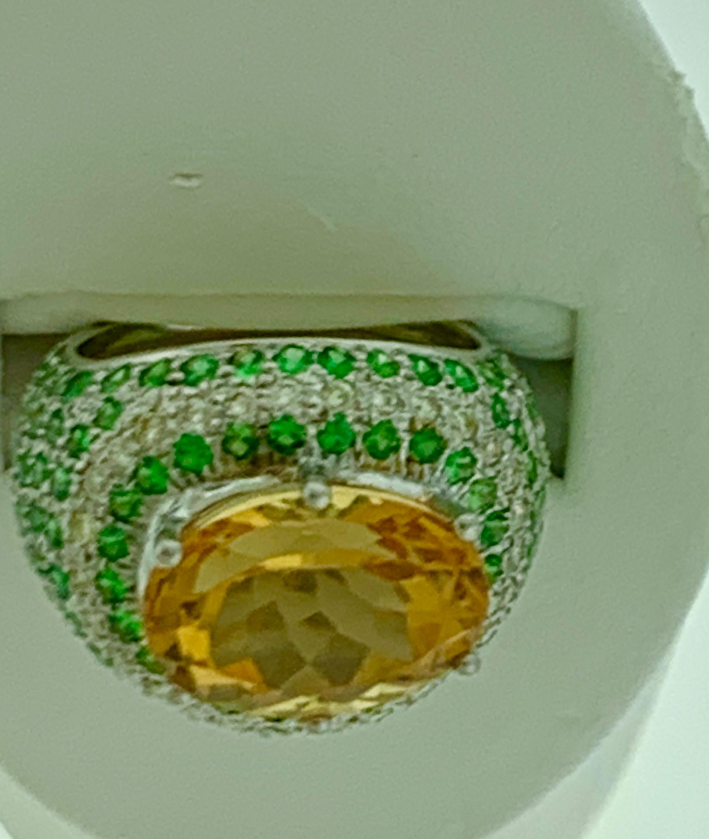 7 Carat Oval Citrine Tsavorite and Diamond Ring in 18 Karat White Gold, Estate For Sale 1