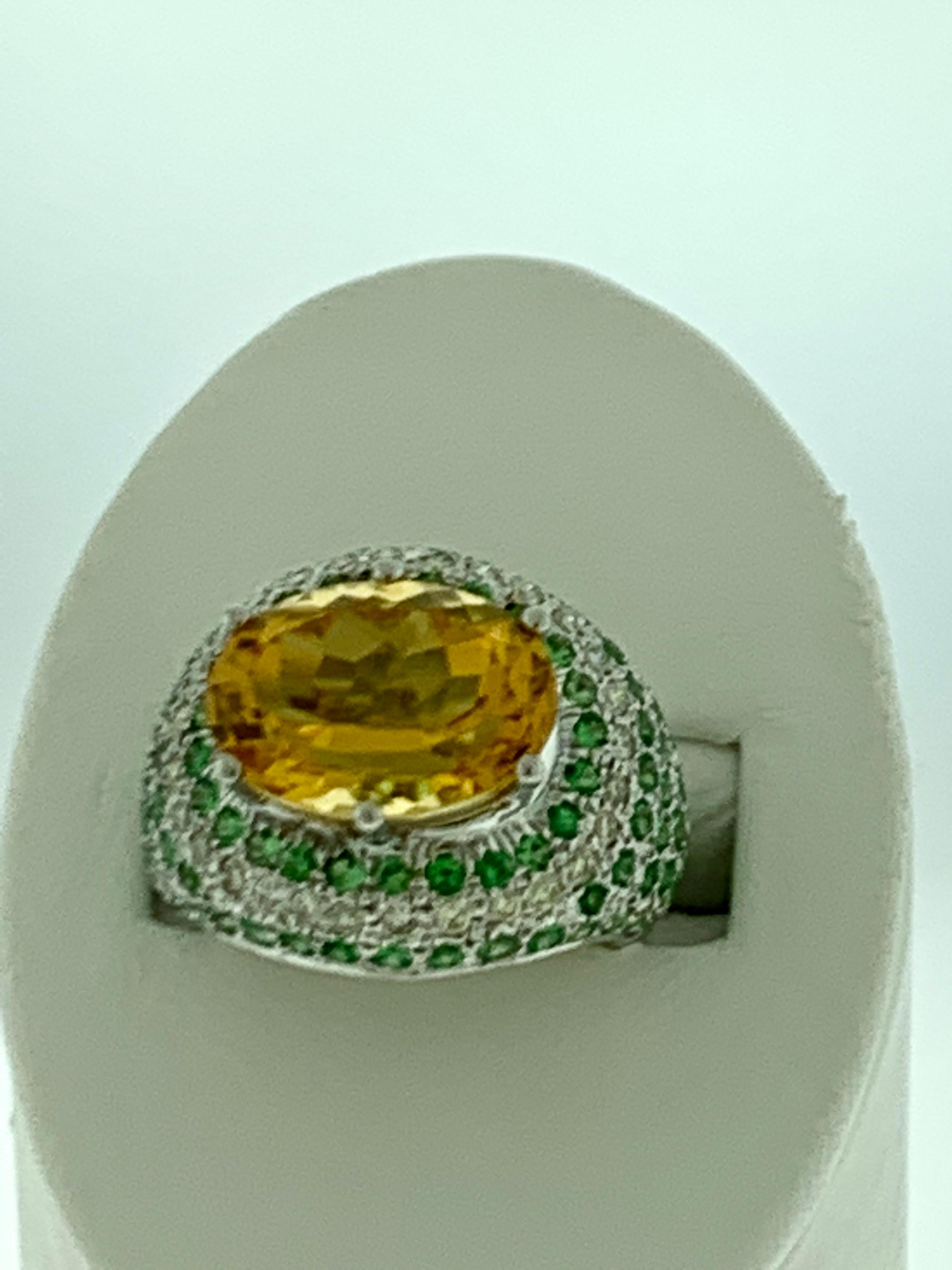 7 Carat Oval Citrine Tsavorite and Diamond Ring in 18 Karat White Gold, Estate For Sale 2