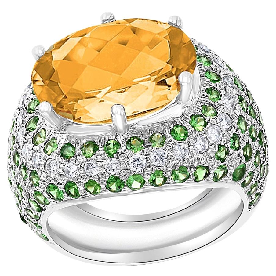7 Carat Oval Citrine Tsavorite and Diamond Ring in 18 Karat White Gold, Estate For Sale