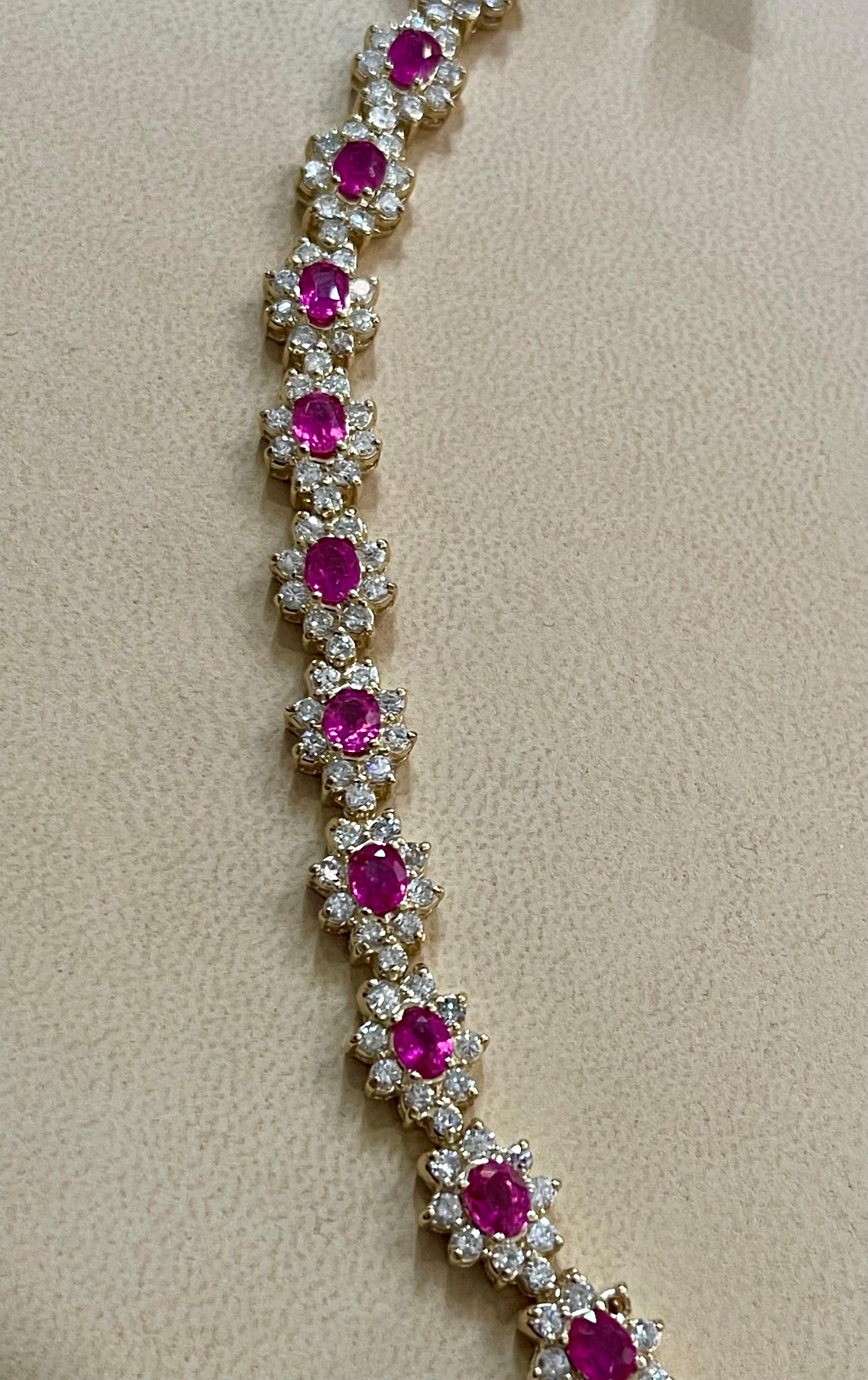 7 Carat Oval Cut Natural Ruby & Diamond Tennis Bracelet 14kt Yellow Gold 24.5 G For Sale 6