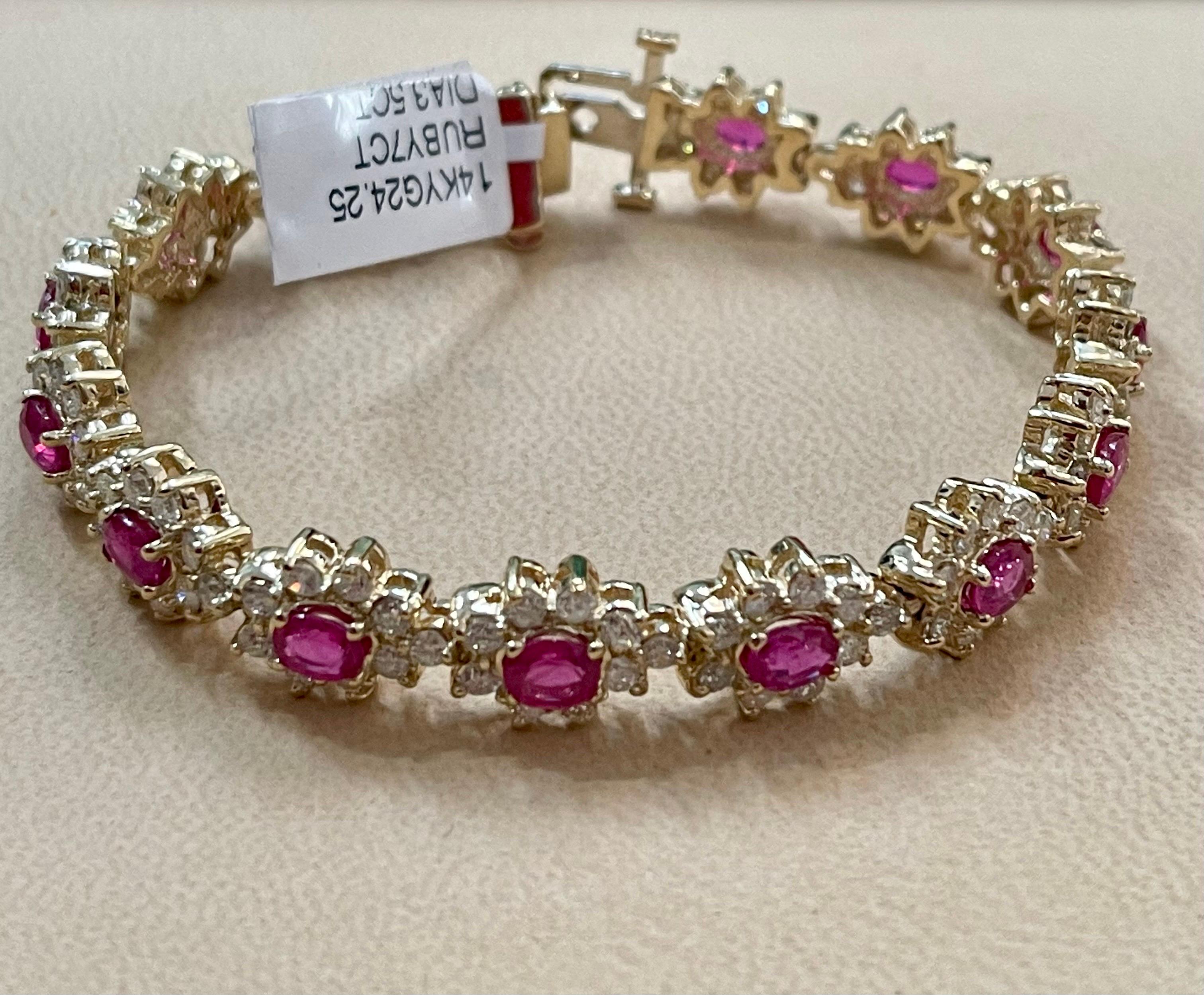 7 Carat Oval Cut Natural Ruby & Diamond Tennis Bracelet 14kt Yellow Gold 24.5 G For Sale 7