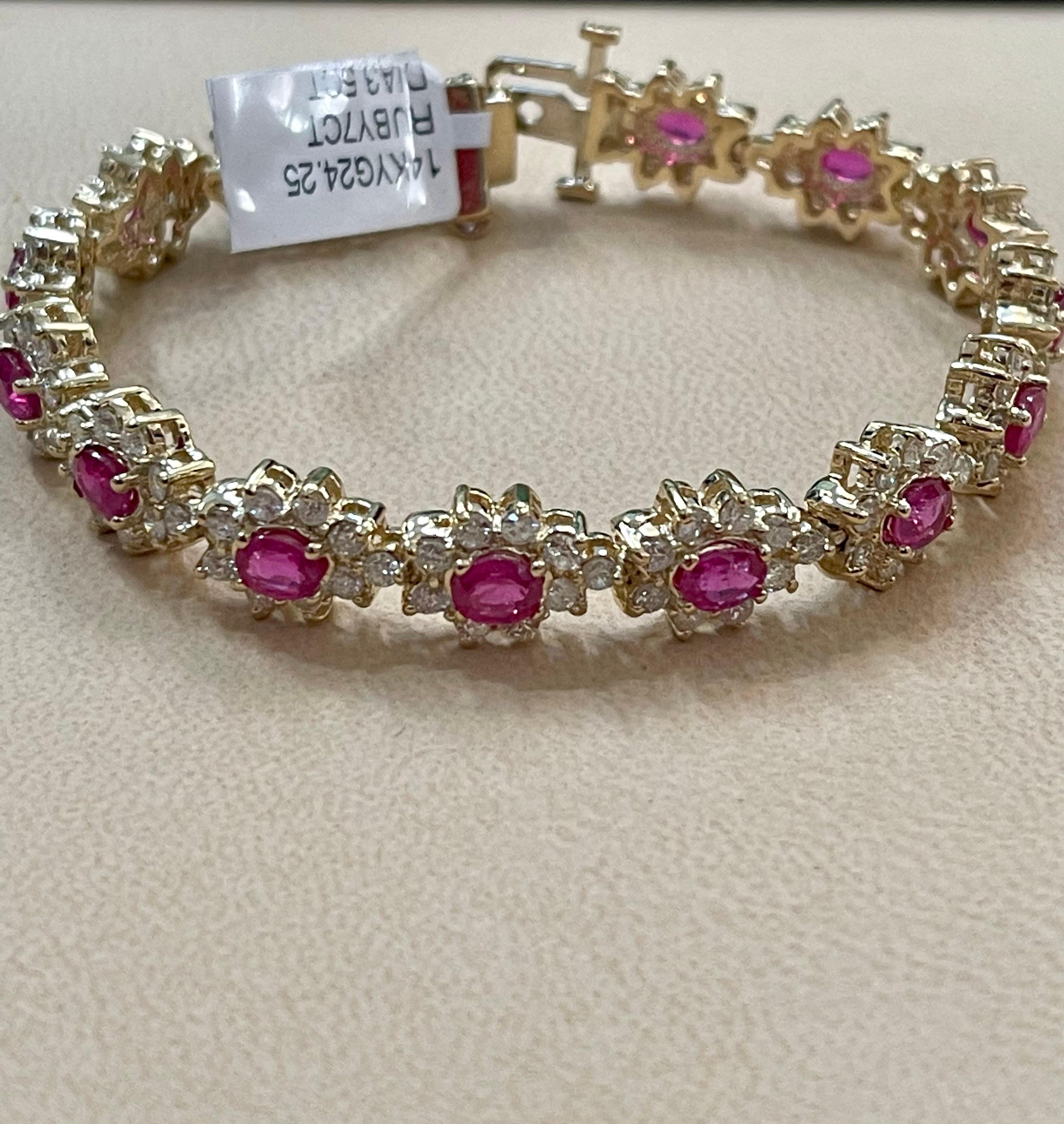 Women's 7 Carat Oval Cut Natural Ruby & Diamond Tennis Bracelet 14kt Yellow Gold 24.5 G For Sale