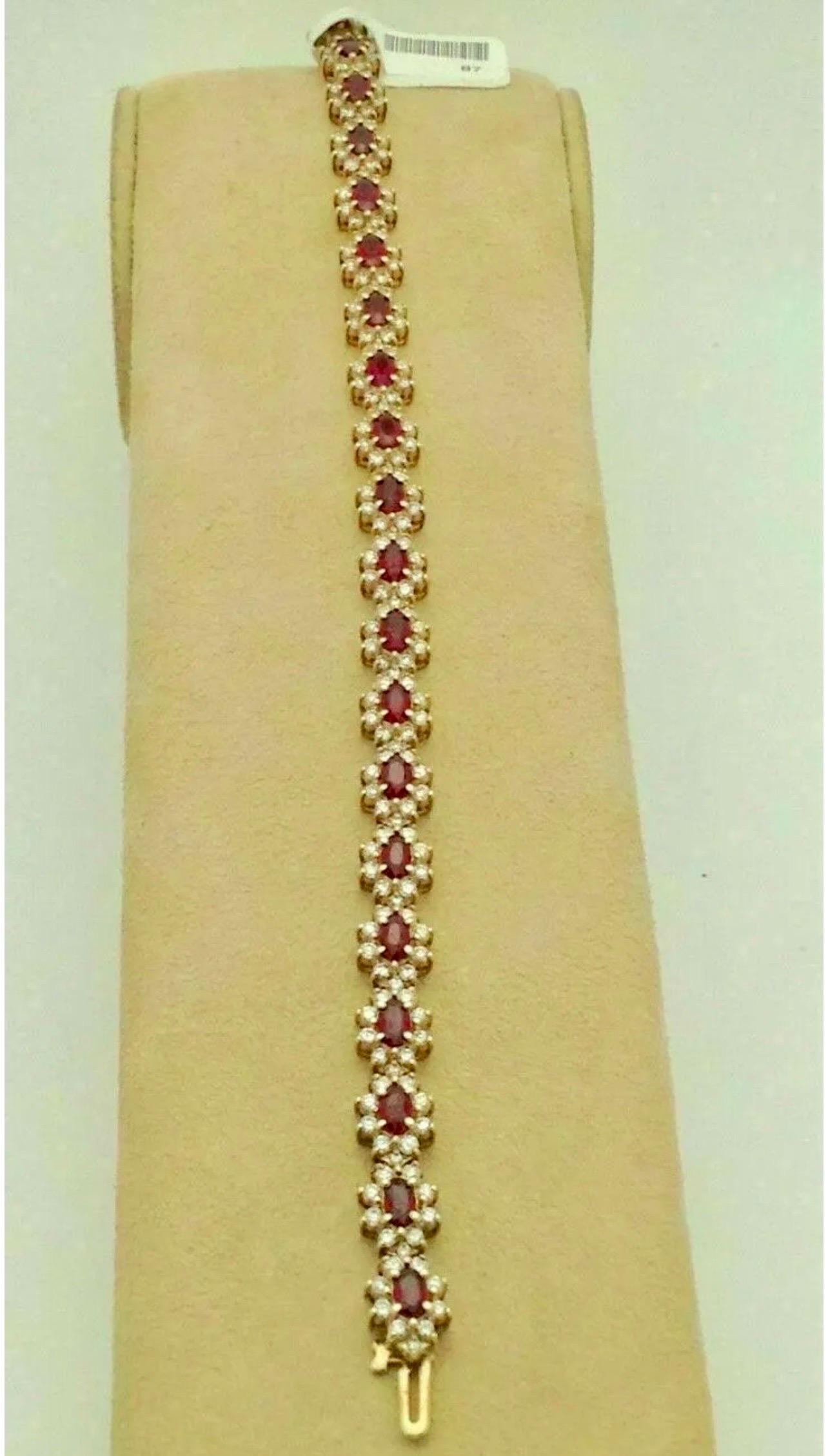 7 Carat Oval Cut Natural Ruby & Diamond Tennis Bracelet 14kt Yellow Gold 24.5 G For Sale 1