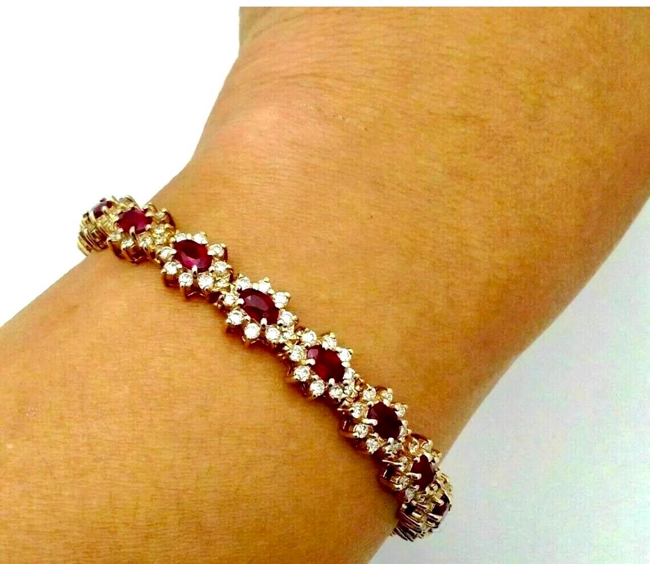 7 Carat Oval Cut Natural Ruby & Diamond Tennis Bracelet 14kt Yellow Gold 24.5 G For Sale 2