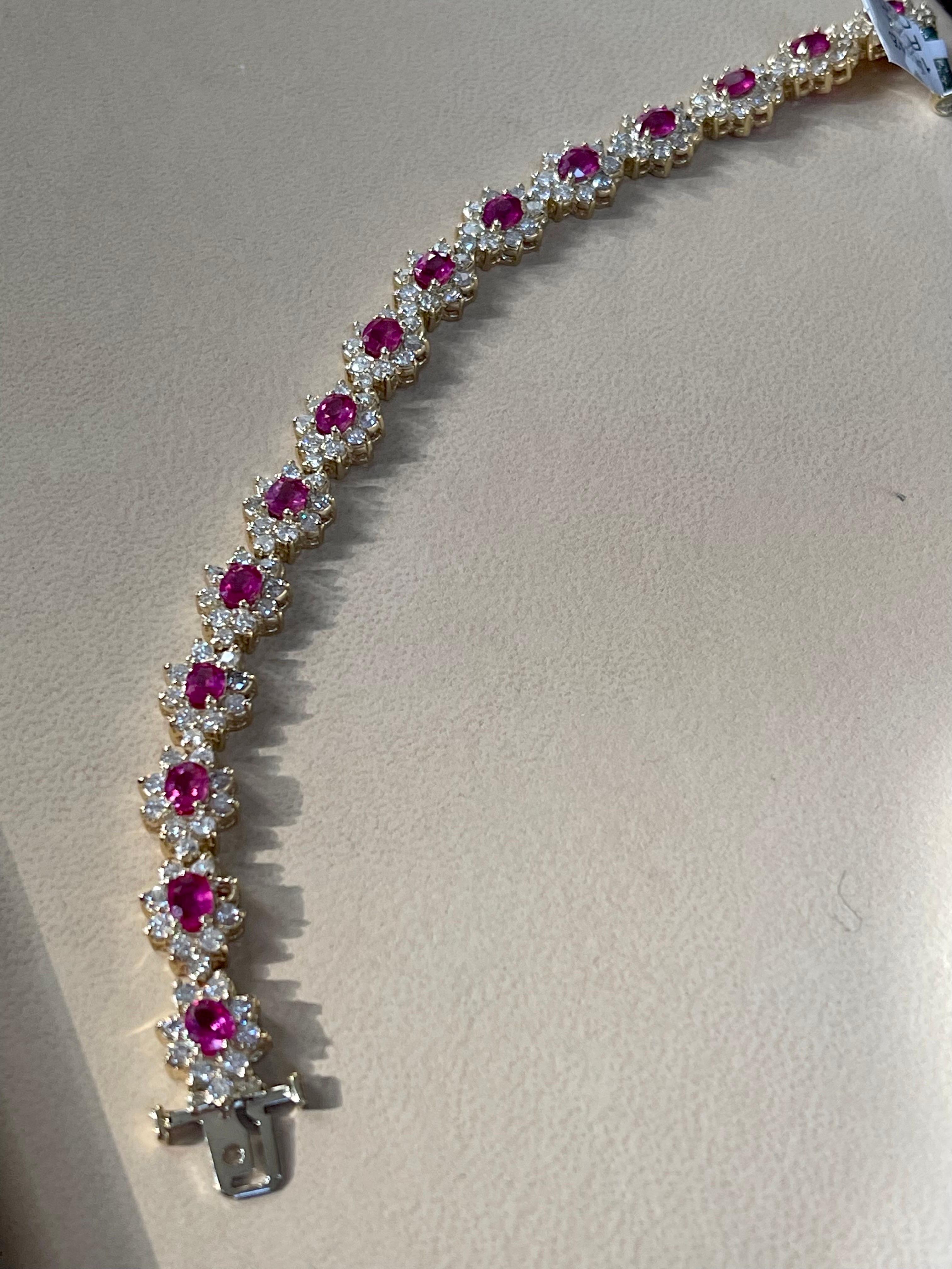 7 Carat Oval Cut Natural Ruby & Diamond Tennis Bracelet 14kt Yellow Gold 24.5 G For Sale 5