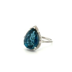 7 Carat Pear London Blue Topaz Diamond Vintage EFFY Designer Gold Cocktail Ring